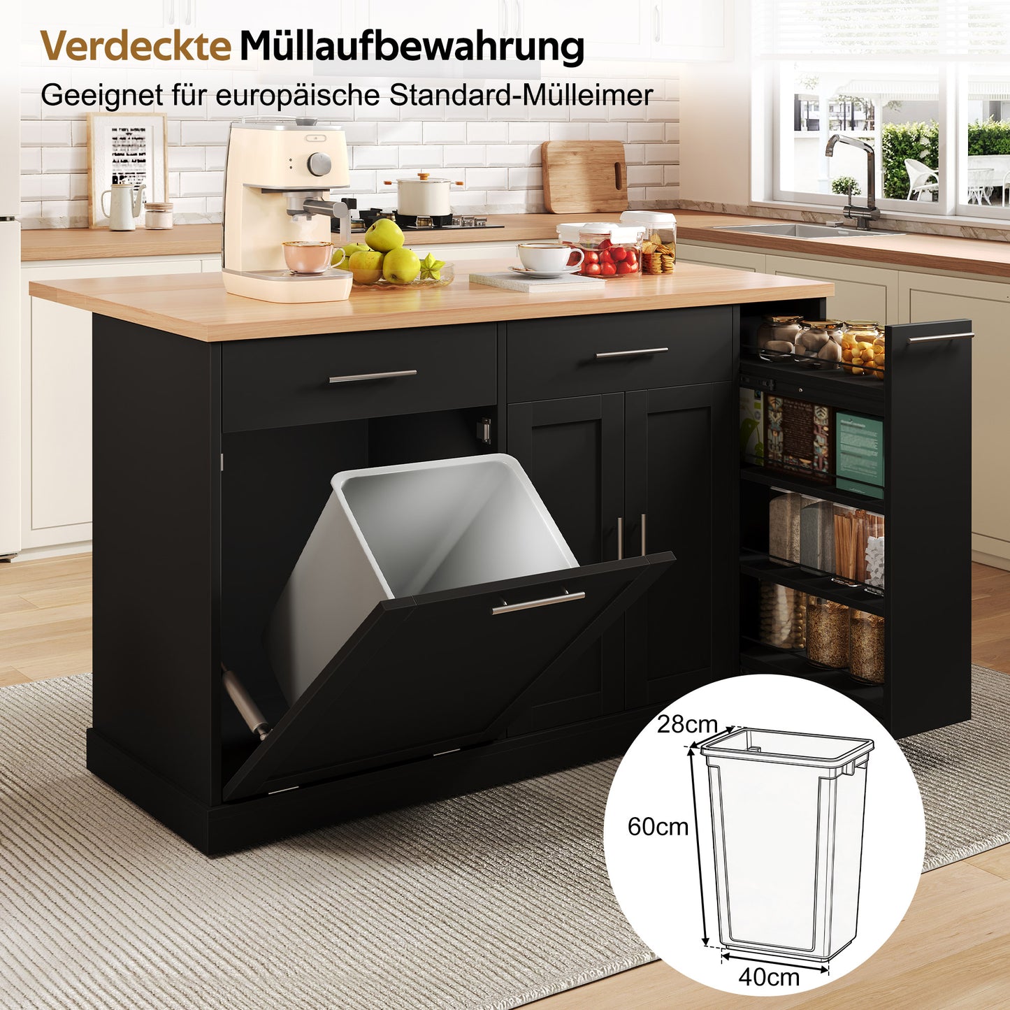 Kitchen Island On Wheels With Folding Worktop, Kitchen Trolley With Garbage Cabinet, 4-tier Spice Rack, 2 Drawers And Lockable Castors, 120 X45  X 93 Cm