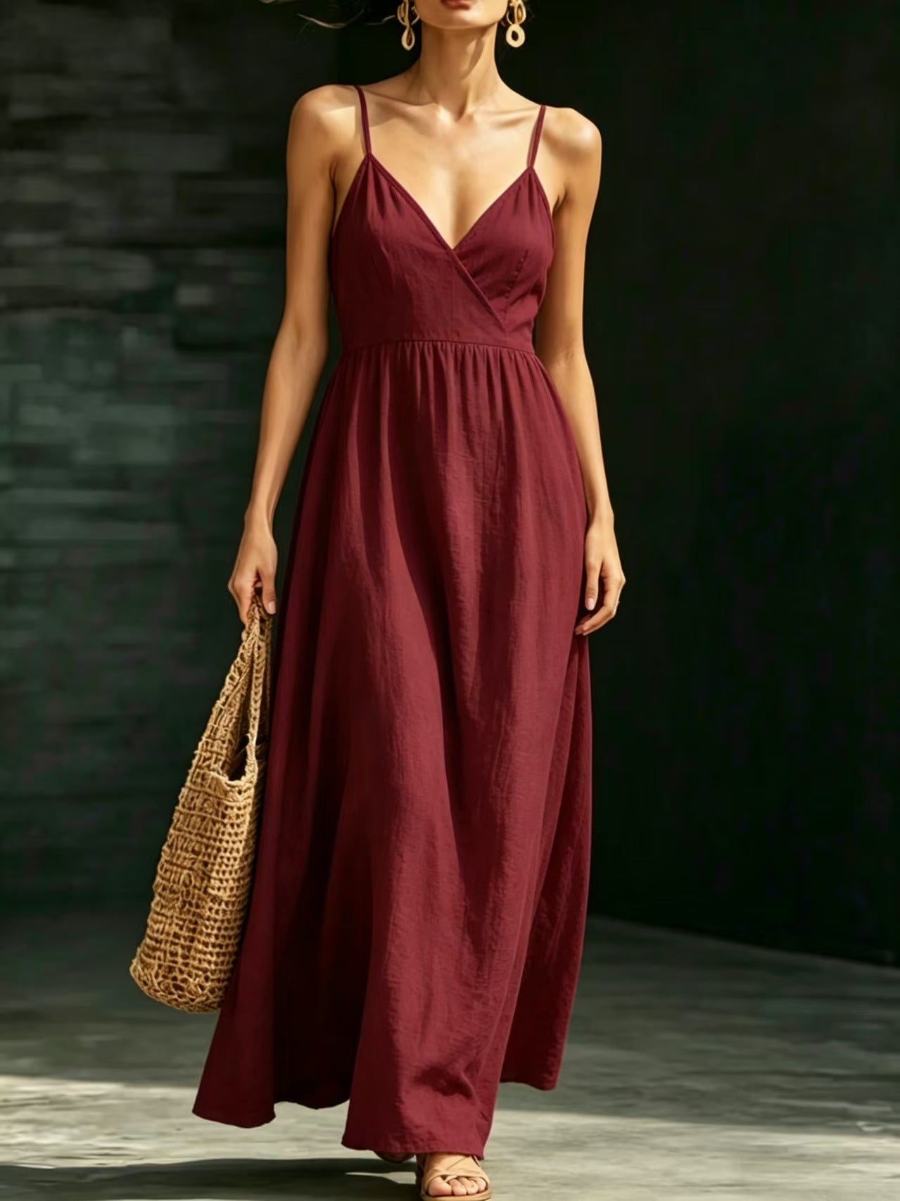 Summer V-Neck Spaghetti Strap Maxi Dress With Pockets - Elegant Vacation & Office Wear For Women