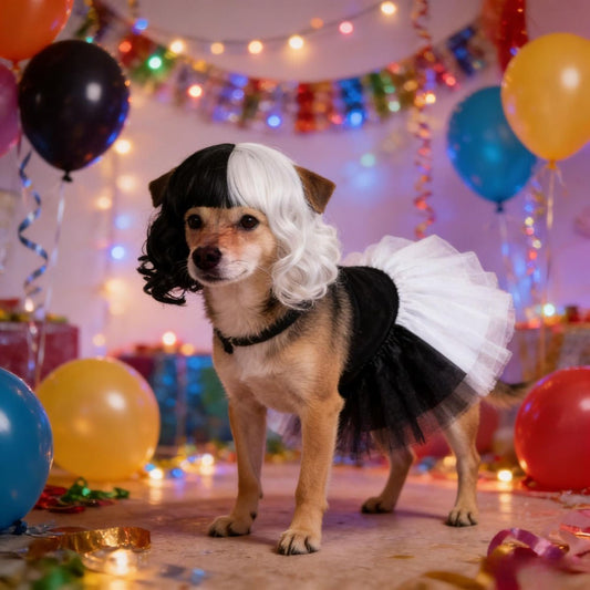 Two-piece Cruella Costume Consisting Of A Black-and-white Tulle Skirt And A Wig, Complete With Ten Hair Clips And Accessories. Perfect For Carnival And Theme Parties—event And Party Supplies.