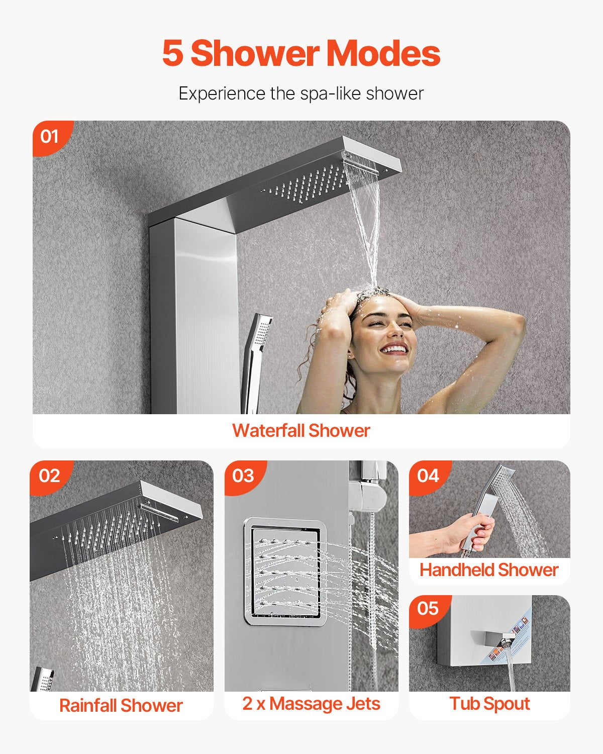 Shower Panel Tower System With Rainfall Waterfall Shower Head, 53 In Brushed Stainless Steel Shower Column, 5-Function Faucet, Wall-Mount Rain Massage System With 2 Body Jet, Handheld, Tub Spout