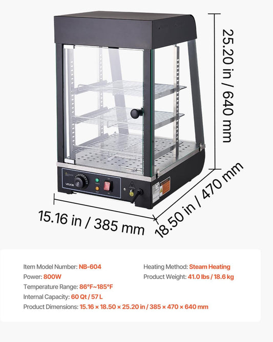 3-Tier Commercial Food Warmer Display, 800W Food Display Warmer With LED Light, Top Storage And Adjustable Shelves, 86℉~185℉ Steam Heating, 60 Qt /57L For Hamburger, Pizza, Bread, Fried Chicken