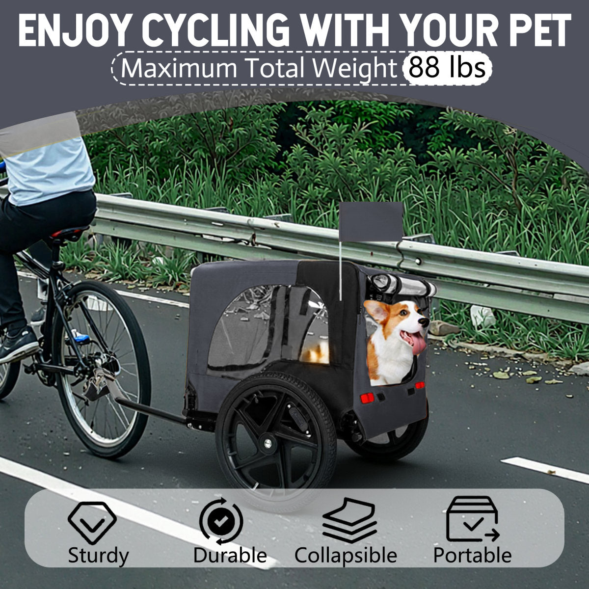 Outdoor Heavy Duty Collapsible Pet Bike Trailer With 16-Inch All-Terrain Wheels & Universal Hitch - Foldable Dog Cargo Carrier Cart For Bicycles, Black Dark Gray