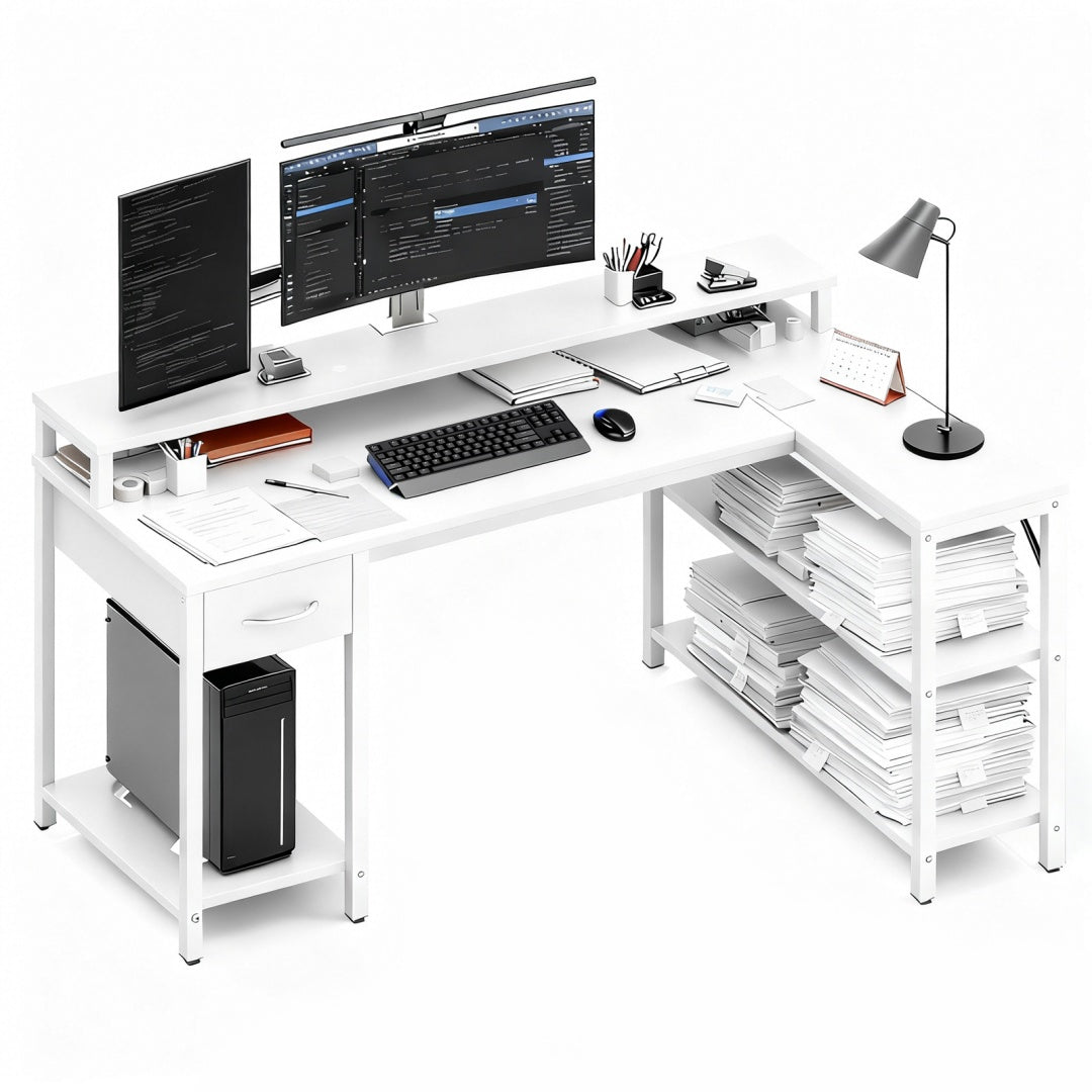 53-inch Gaming Table With USB Charging Port And LED Light, Reversible L-shaped Table With Power Socket And Monitor Stand