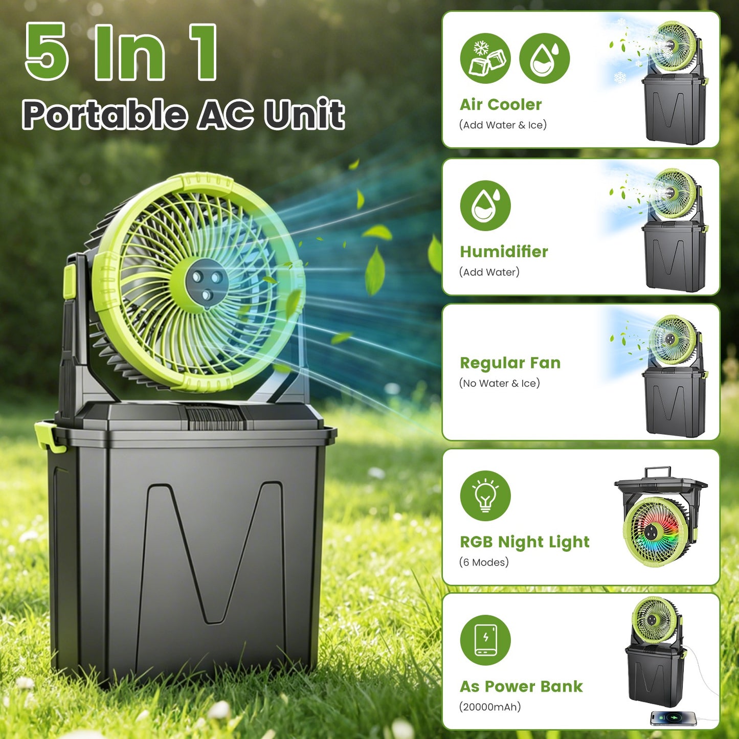 1Pc  5 In 1 20000mAh 10L Bucket Portable Misting Fan Indoor Outdoor Rechargeable Camping Cooling Fan Work As Air Cooler Humidifier Power Bank & RGB Night Light With Remote Control