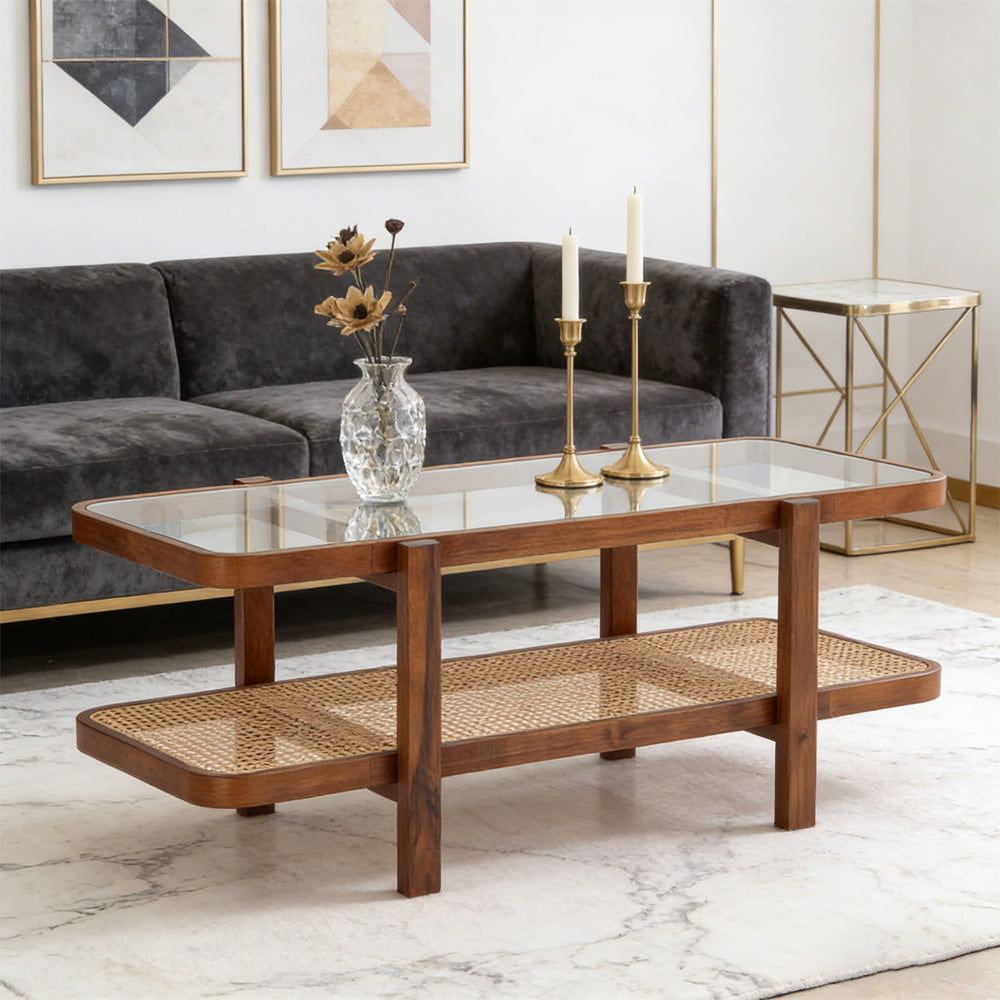 2-Tier Coffee Table With Storage And Tempered Glass Tabletop PE Rattan Anti-fading, Tear-proof For Office, Waiting Room, Or Reception Room
