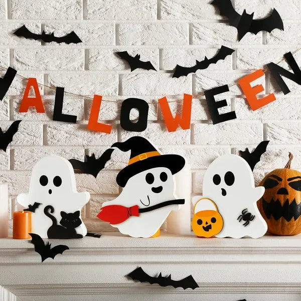 Ute Ghost Halloween Decorations Indoor, Wooden Tiered Tray Decor Table Sign Set Of 3, Black Cat Bat Witch Broom Signs Pumpkin Blocks For Party Home Shelf Display