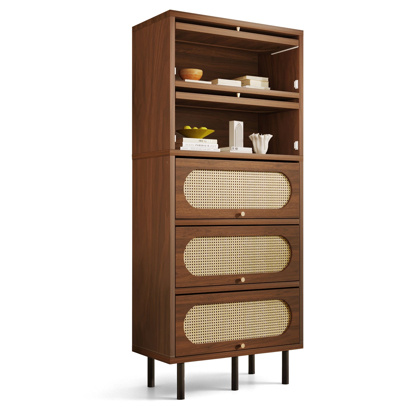 Sideboard Walnut With Rattan 80x40x163 Cm, Tall Cabinet 5 Flaps, Chest Of Drawers Wood Metal Legs, Large Storage Space, Living Room Hallway Kitchen Cabinet