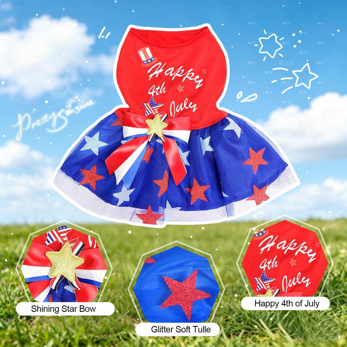 Dog Tulle Dress Independent Day Patriotic Stars Dog Outfit Sparkly Pet Holiday Dress With Bow For Small Dogs Cat Clothes