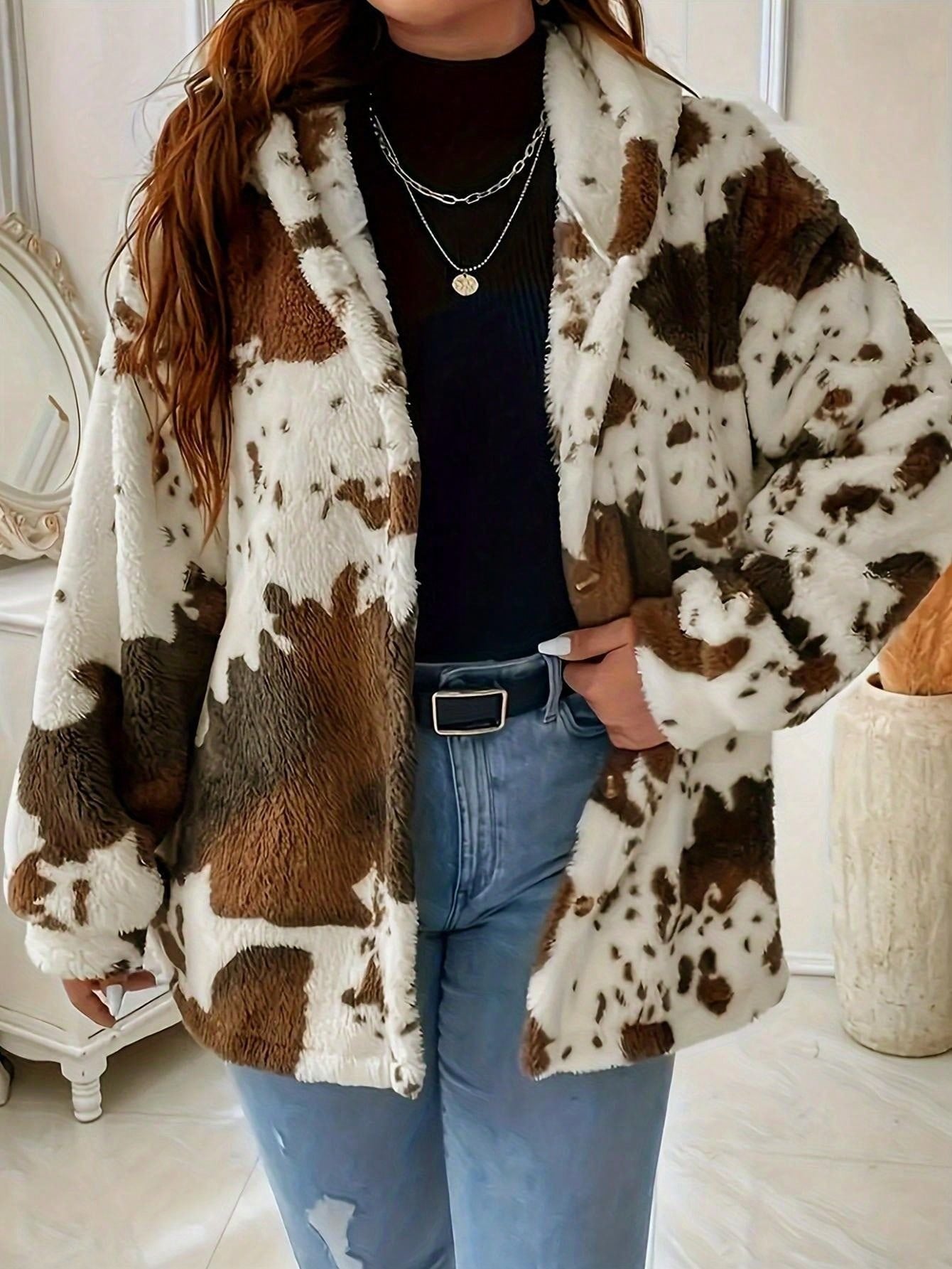 Women's Cow Print Button Plush Coat, New European & American Casual Fashion Hoodie