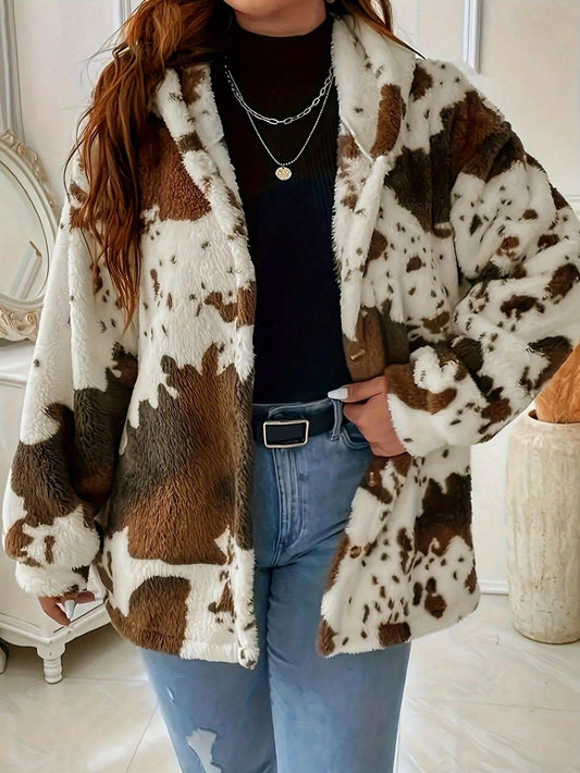 Women's Cow Print Button Plush Coat, New European & American Casual Fashion Hoodie