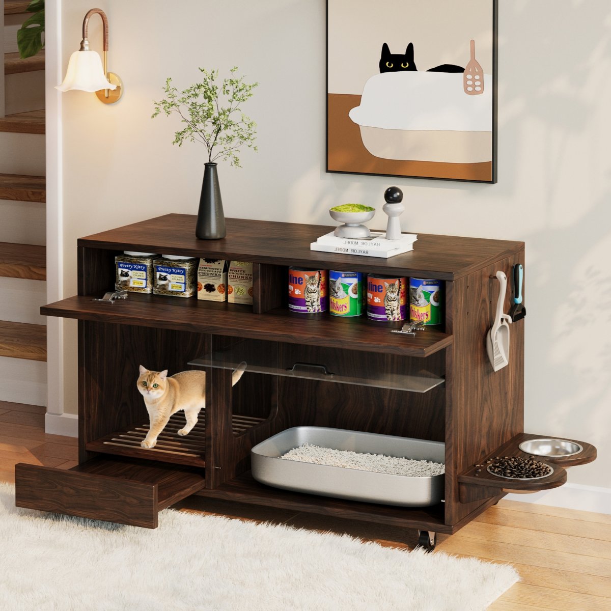 Movable Cat Litter Box Cabinet  Cat Litter Box With Cat Food Plates, Sand Drip Tray, Perforated Plate With Hook Holes, Without Litter Box, 1 0 0x45.5x67 Cm, Walnut Colour