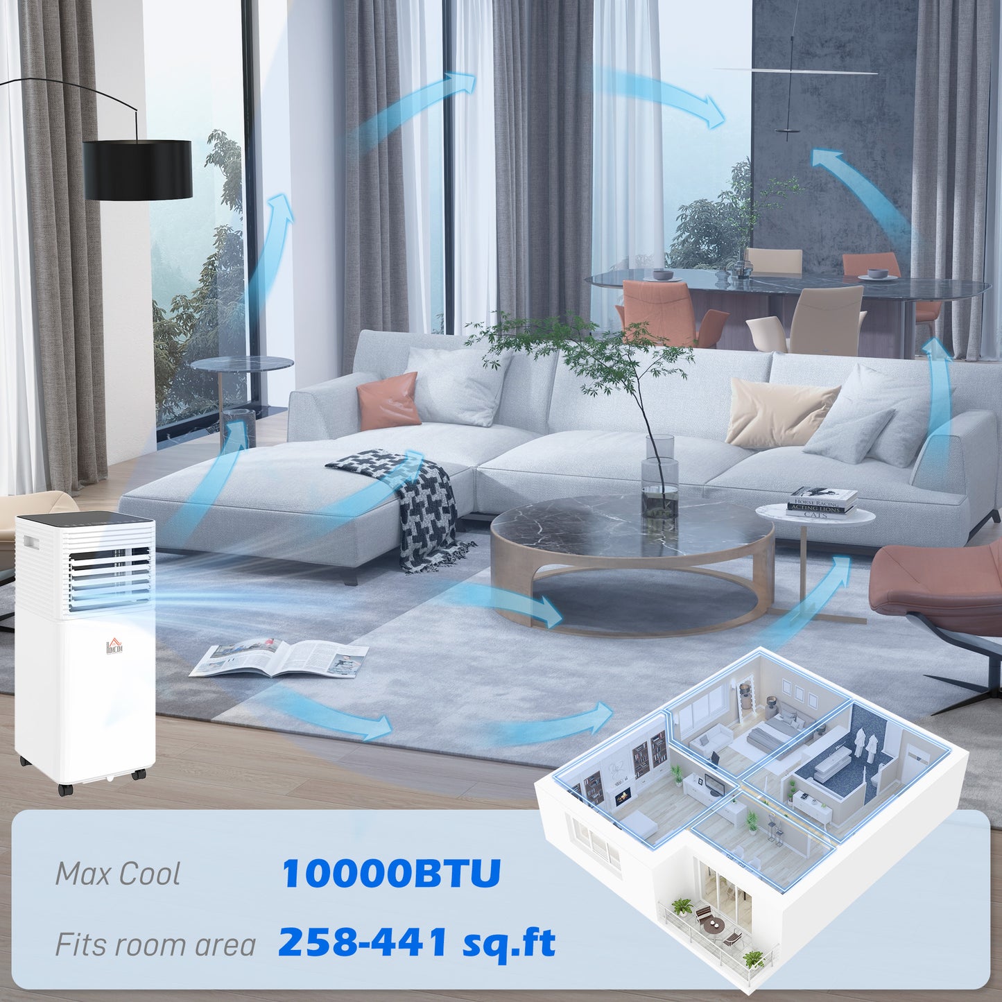 10000 BTU Mobile Air Conditioner for Cooling and Dehumidifying, Remote Control, 24H Timer, LED Display, White