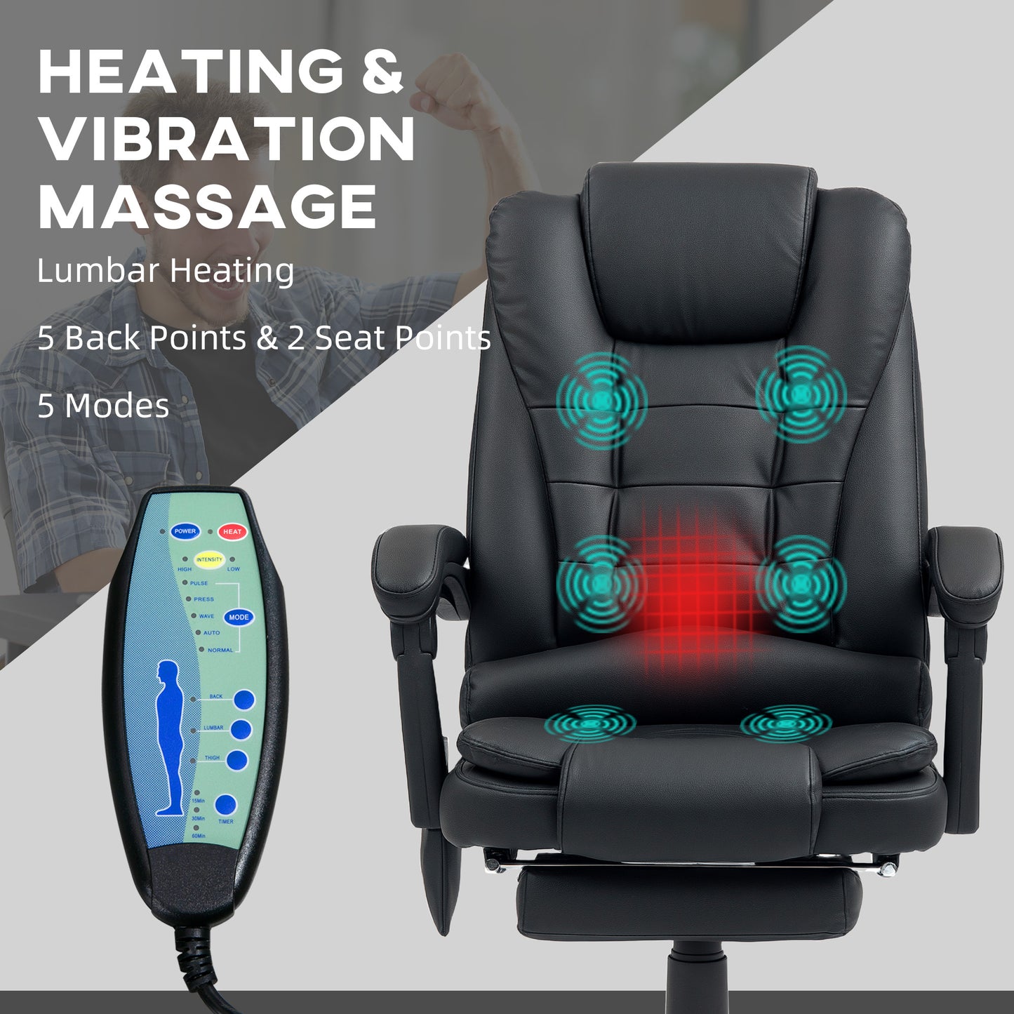 Vinsetto Office Chair With 6 Point Massage And Back Heat, PU Desk Chair With Footrest Adjustable Height And Swivel Wheels, Back Reclining, Black