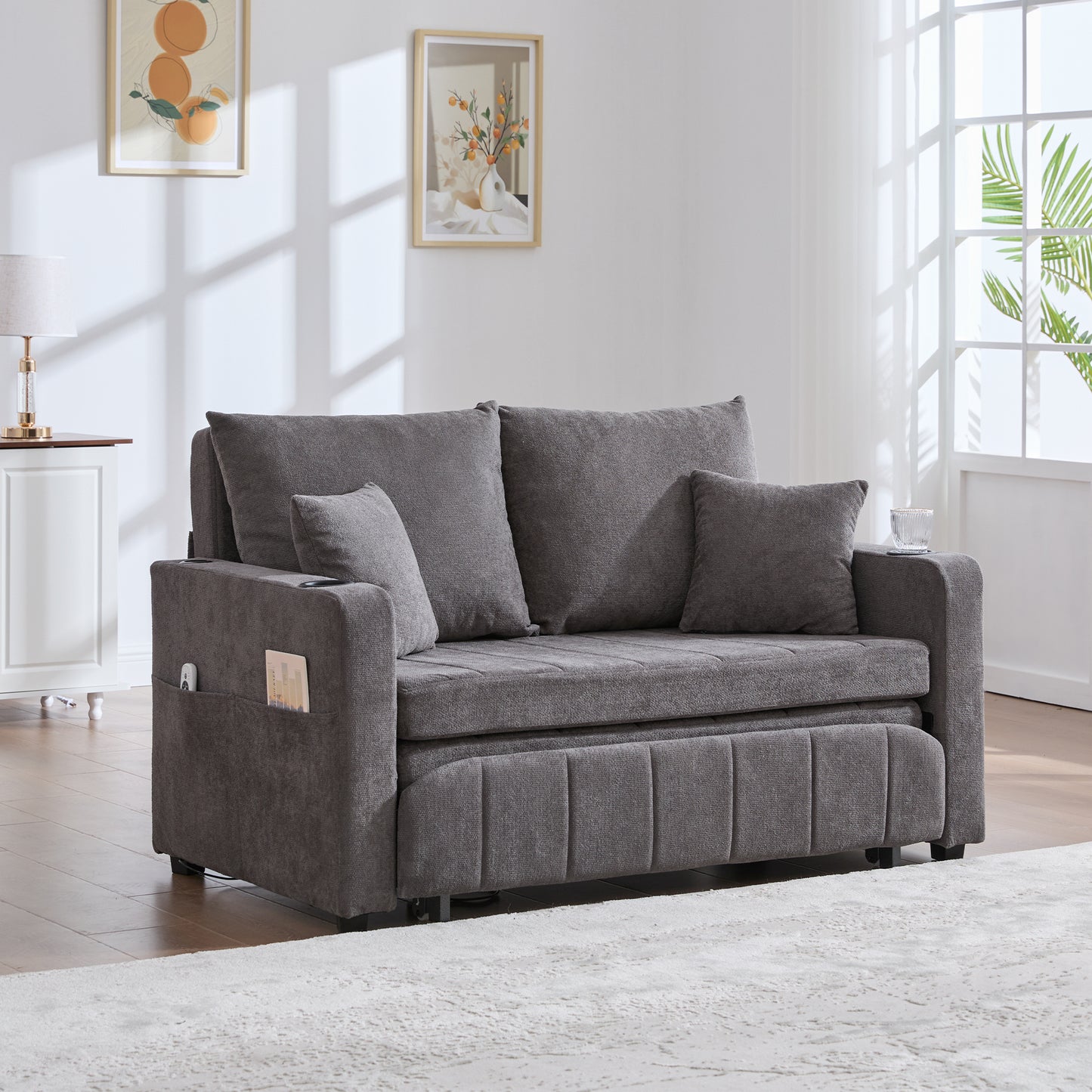 Multifunctional Fabric Sofa, Pull-out Folding Sofa, Usable As A Sofa Or Bed, With Storage Pockets On The Armrests, USB Charging Function And Cup Holders  Grey Chenille Fabric