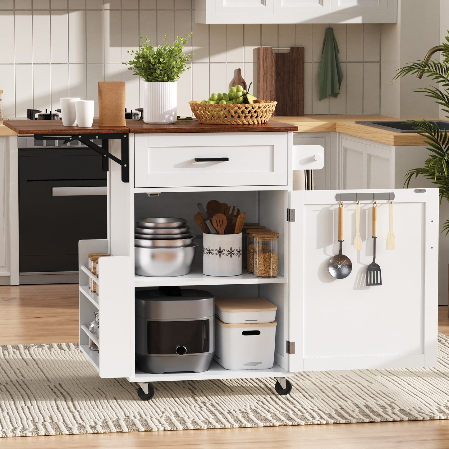 K&K 39.3  Farmhouse Kitchen Island With Drop Leaf, Kitchen Storage Island With Open Side Rack, One Drawer, Towel Rack, Rolling Kitchen Cart With Lockable Wheels For Lawn Garden, White