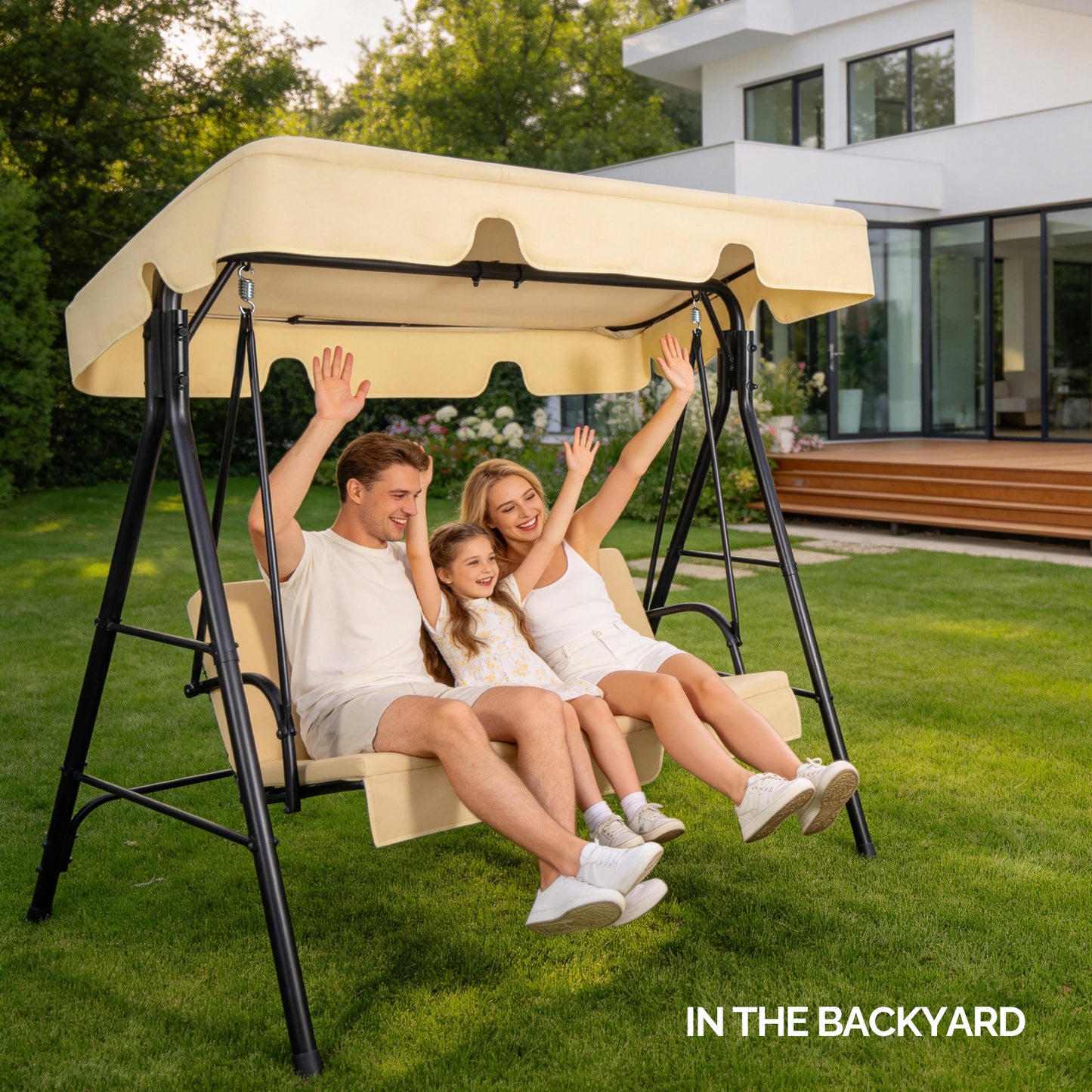 Outdoor Patio Swing Chair Set With Canopy, 3-Person Iron Frame Swing With Soft Cushions, 550lbs Capacity, Oxford Fabric, Khaki, Easy Assembly