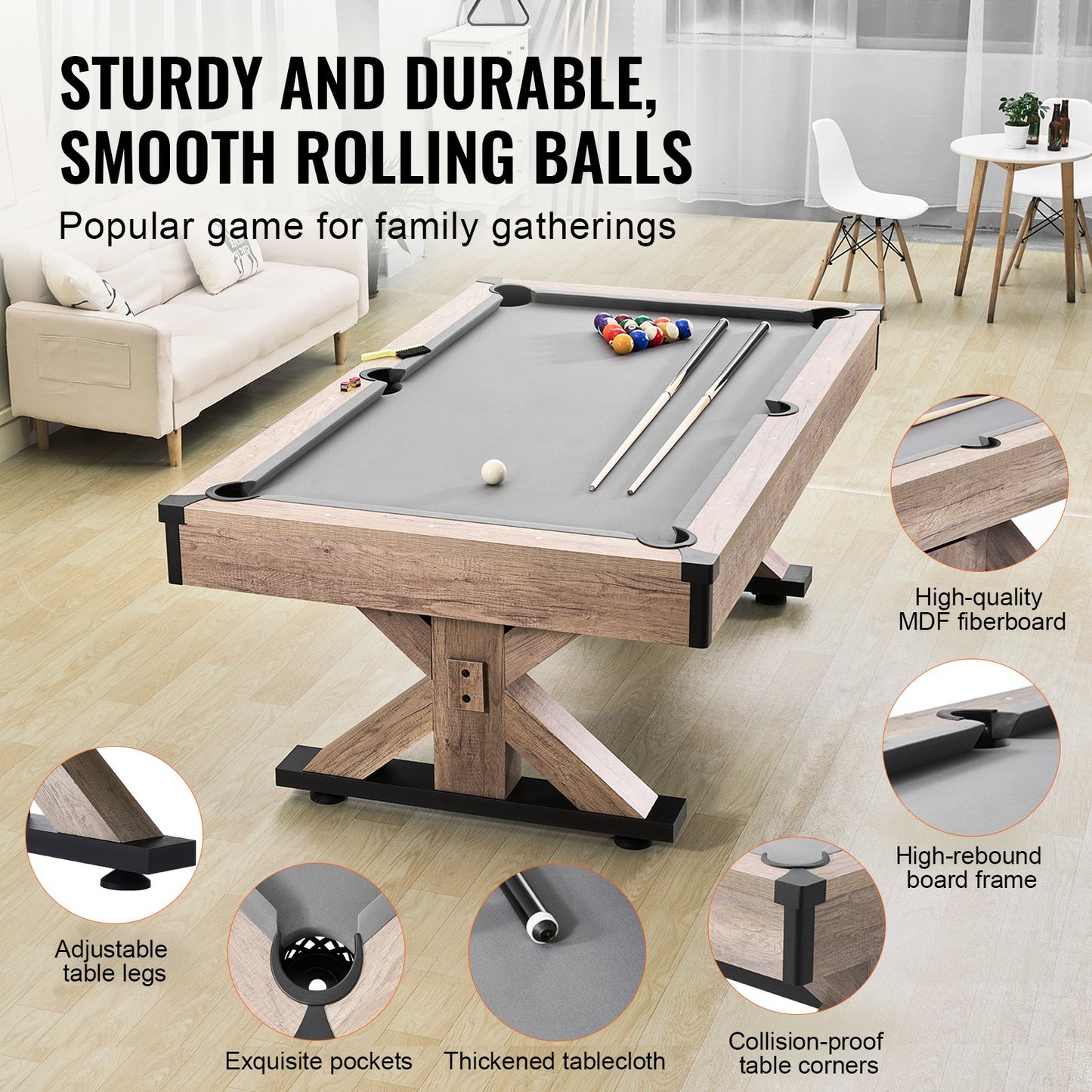 Billiards Table Combo Set, 7ft 3-in-1 Multi Game Table With Dining, Pool, And Tennis Table, Includes Full Set Of Accessories, Wood Color With Grey Cloth, Perfect For Family Game Room Kids Adults