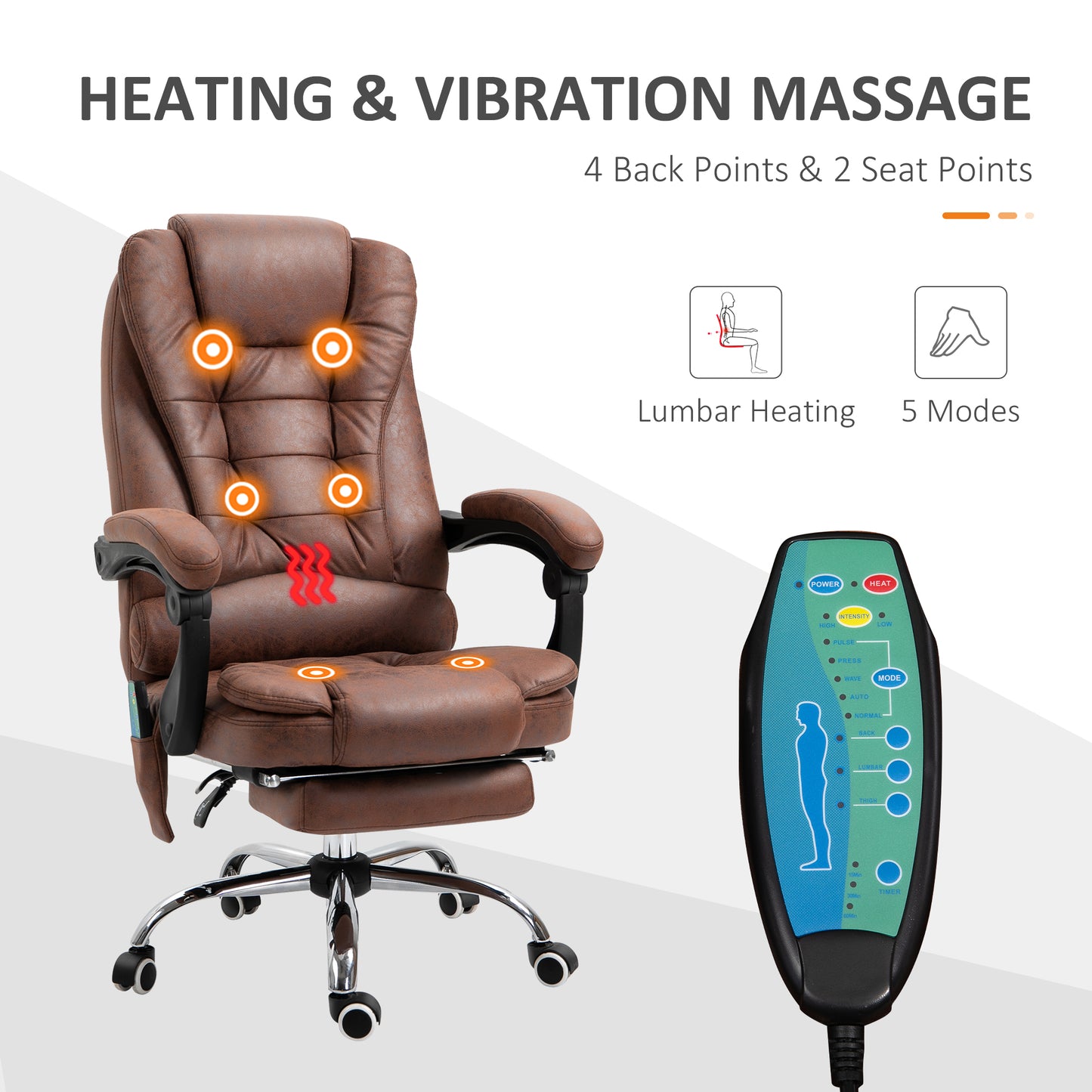 Vinsetto Heated 6 Points Vibration Massage Executive Office Chair Adjustable Swivel Ergonomic High Back Desk Chair Recliner With Footrest Brown