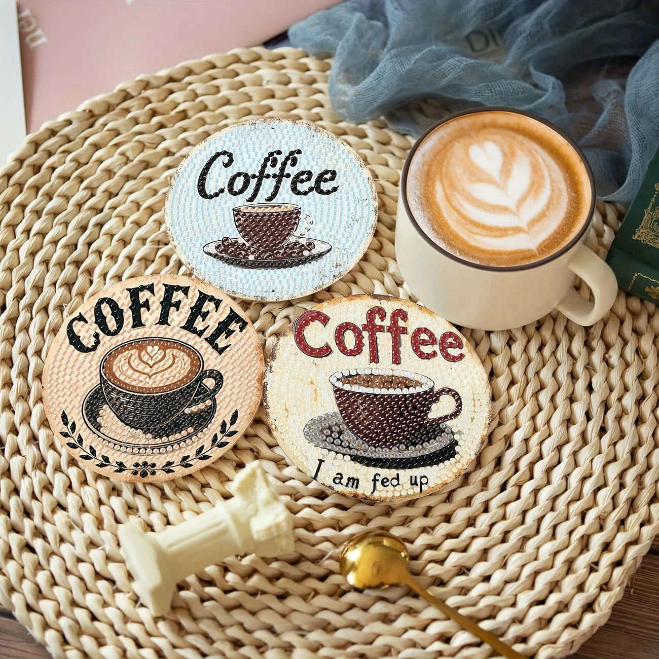 Diamond Art Drawing Coaster With Bracket, DIY Coffee Pattern Diamond Art Coaster, Suitable For Adults And Beginners Diamond Drawing Kit, Diamond Kit Craft Supplies, Exquisite Gifts For Friends