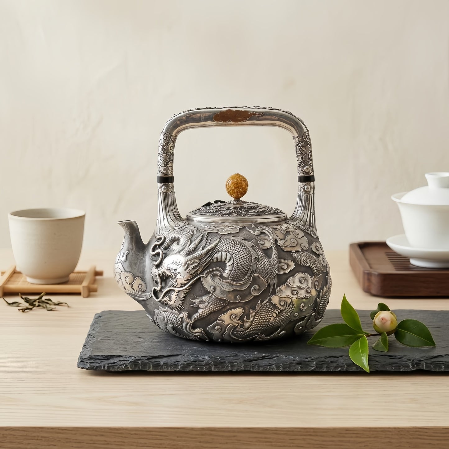 925 Sterling Silver Exquisite Silver Dragon Tea Kettle with Intricate Cloud Relief and Amber Finial - Handicraft