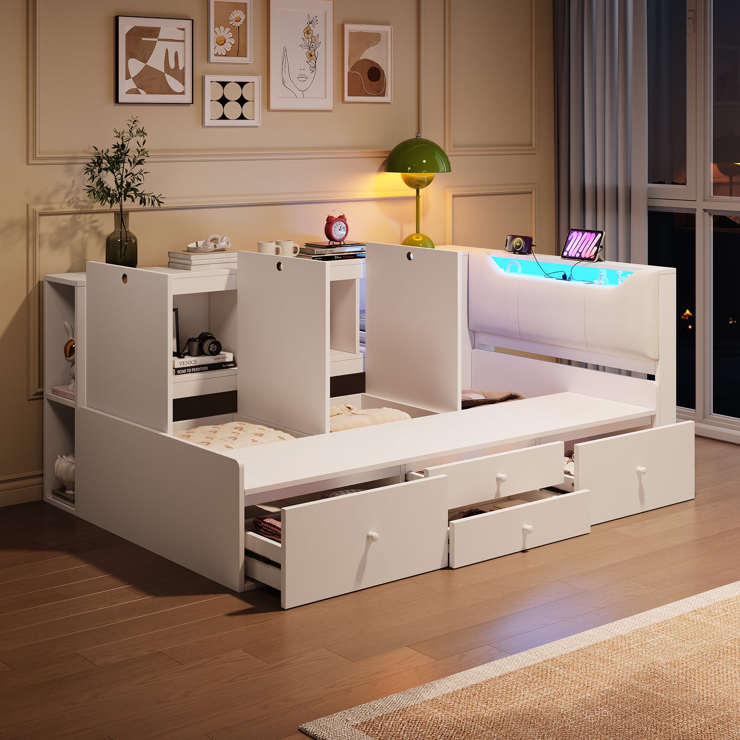 3ft Single Tatami Wooden Bed Frame With Underbed Storage And Drawers, LED Linen Headboard With Charging Station And Concealed Headboard Storage, Bedside Bookshelf Compartment, White  No Mattress