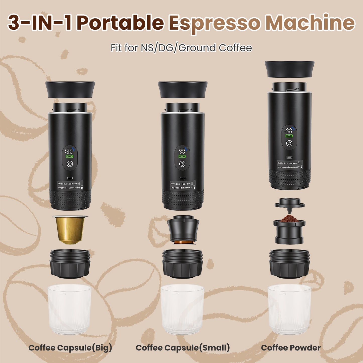 3 In 1 Portable Espresso Machine Cordless Mother Day Self Heating Coffee Maker With 7500mAh Battery Heating 20Bar Pressure Anti Dry Burn Fit For Ground Coffee Capsules For Camping Hiking RV Home