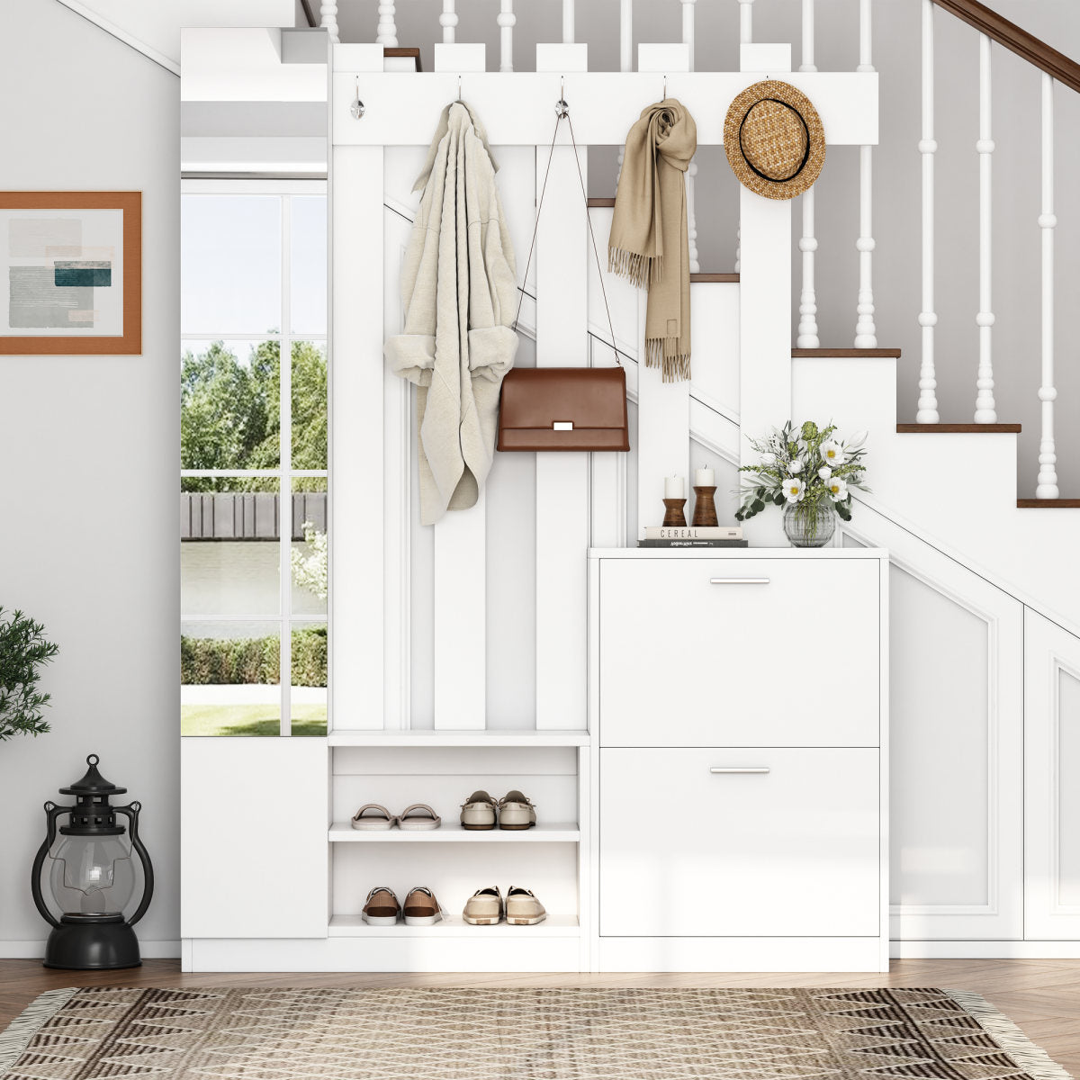 Cm Coat Rack Set With Mirror, Hallway Cabinet, Wall-Mounted Shelving Unit, Compact Coat Rack, Includes 2 Shoe Cabinets With Lower Hinged Doors  2 Storage Cabinets,
