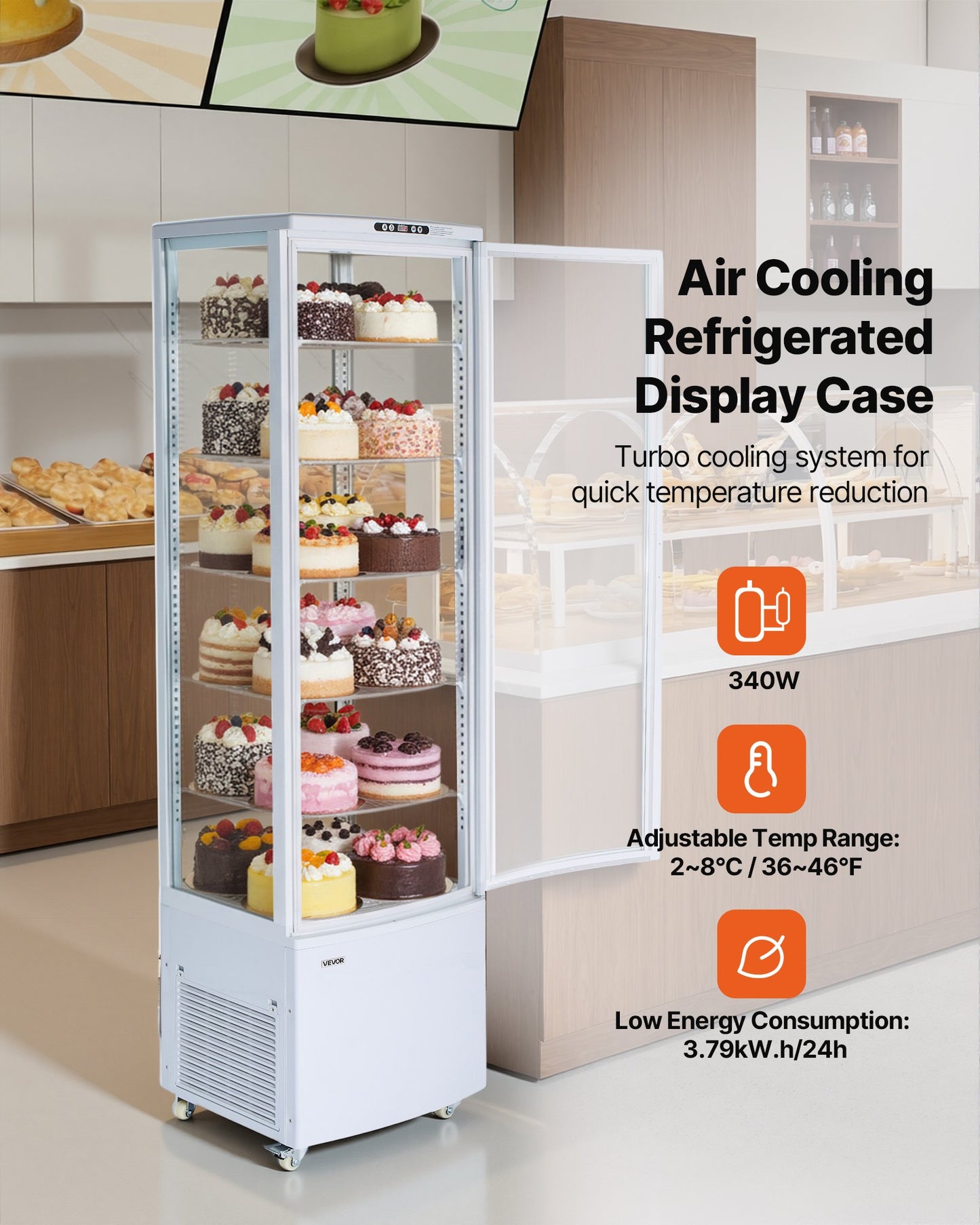 Refrigerated Display Case, 9.8 Cu.Ft./278L Large Pastry Display Case, 5-Tier Commercial Cake Refrigerator With LED Lighting, TURBO Cooling, Frost-Free Air-Cooling, For Bakery, Dessert Shop
