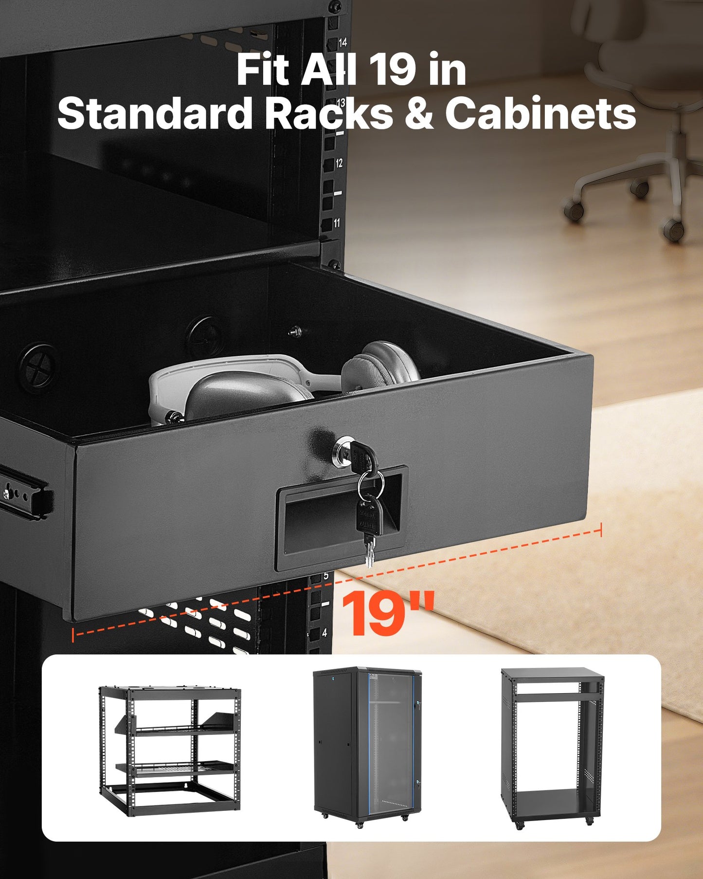 3U Rack Mount Drawer, 50 Lbs Max Load-Bearing, Lockable Server Cabinet Case, Sliding Drawer With Lock And Cable Management Holes, For 19 In Network Equipment Server AV Rack Or Cabinet Enclosure