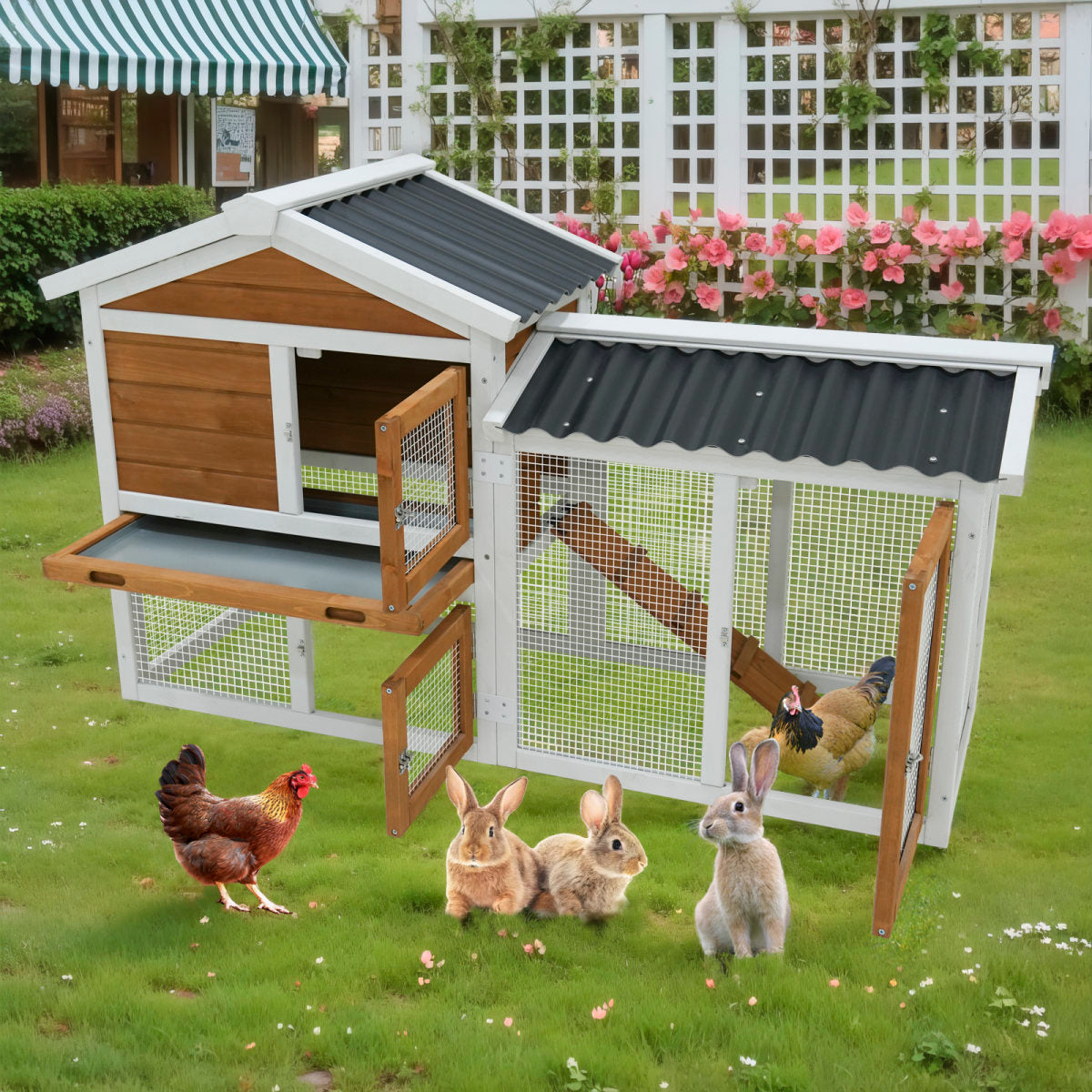 58  Wooden Outdoor Indoor Roof Waterproof Bunny Hutch Rabbit Cage Guinea Pig Coop PET House For Small To Medium Animals With Stairs And Cleaning Tray