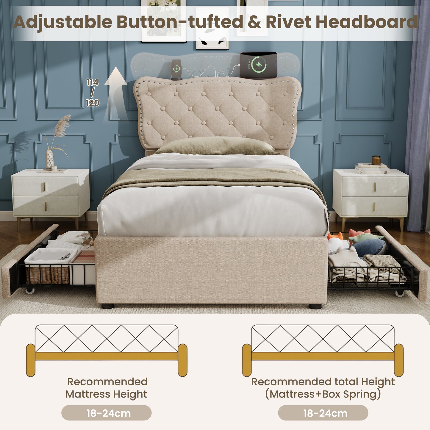 3ft Single Upholstered Bed With Rivet Design And Charging Station, Two Storage Drawers, Adjustable Button Tufted Headboard With USB & Type-C Ports, No Box Spring Needed, Linen, Beige   No Mattress