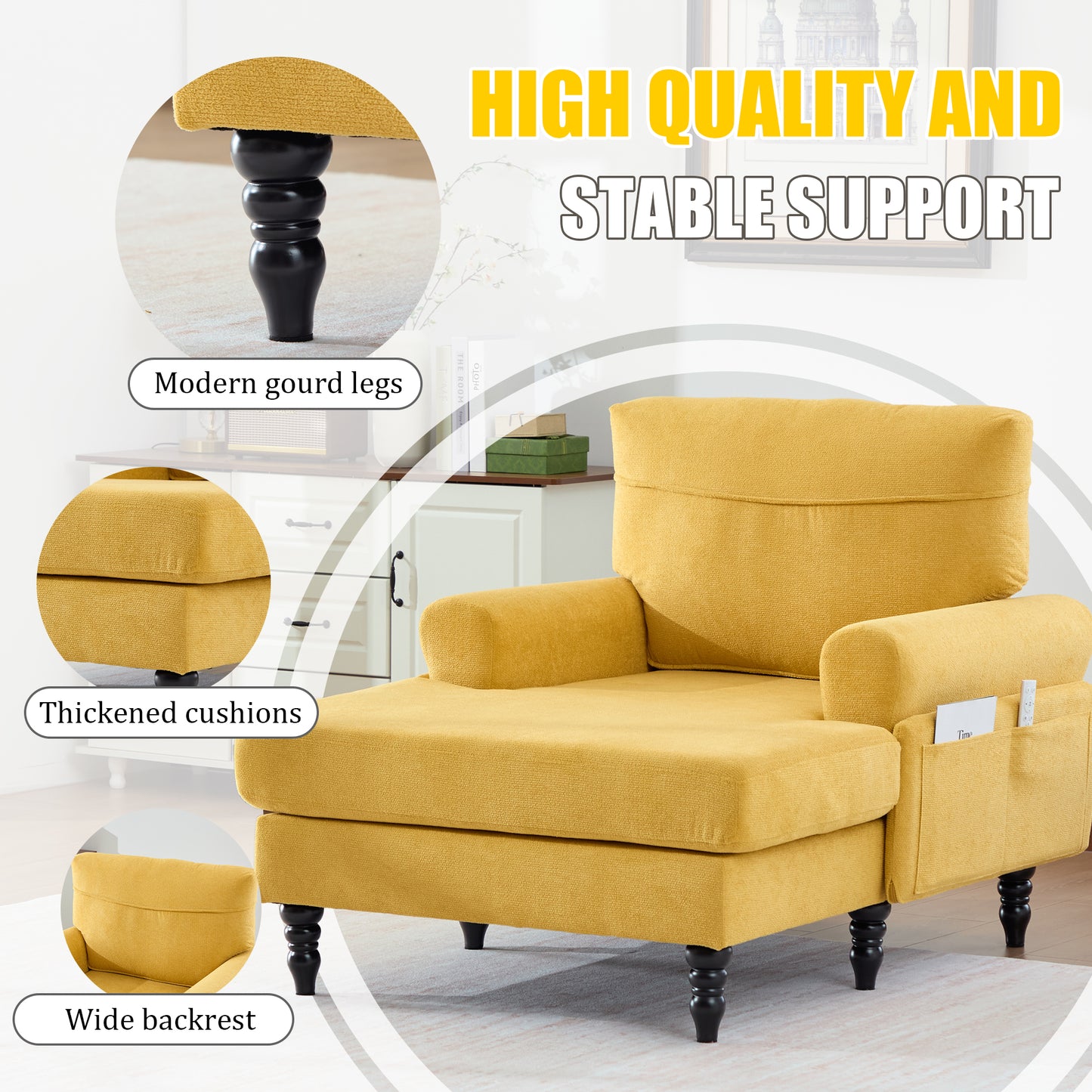 Modern Minimalist Chenille Fabric Chaise Lounge Recliner Single Sofa Living Room Bedroom Rest Chair Wooden Sofa Legs With Comfortable Backrest And Armrests Side Pockets For Storage Suitable For Office