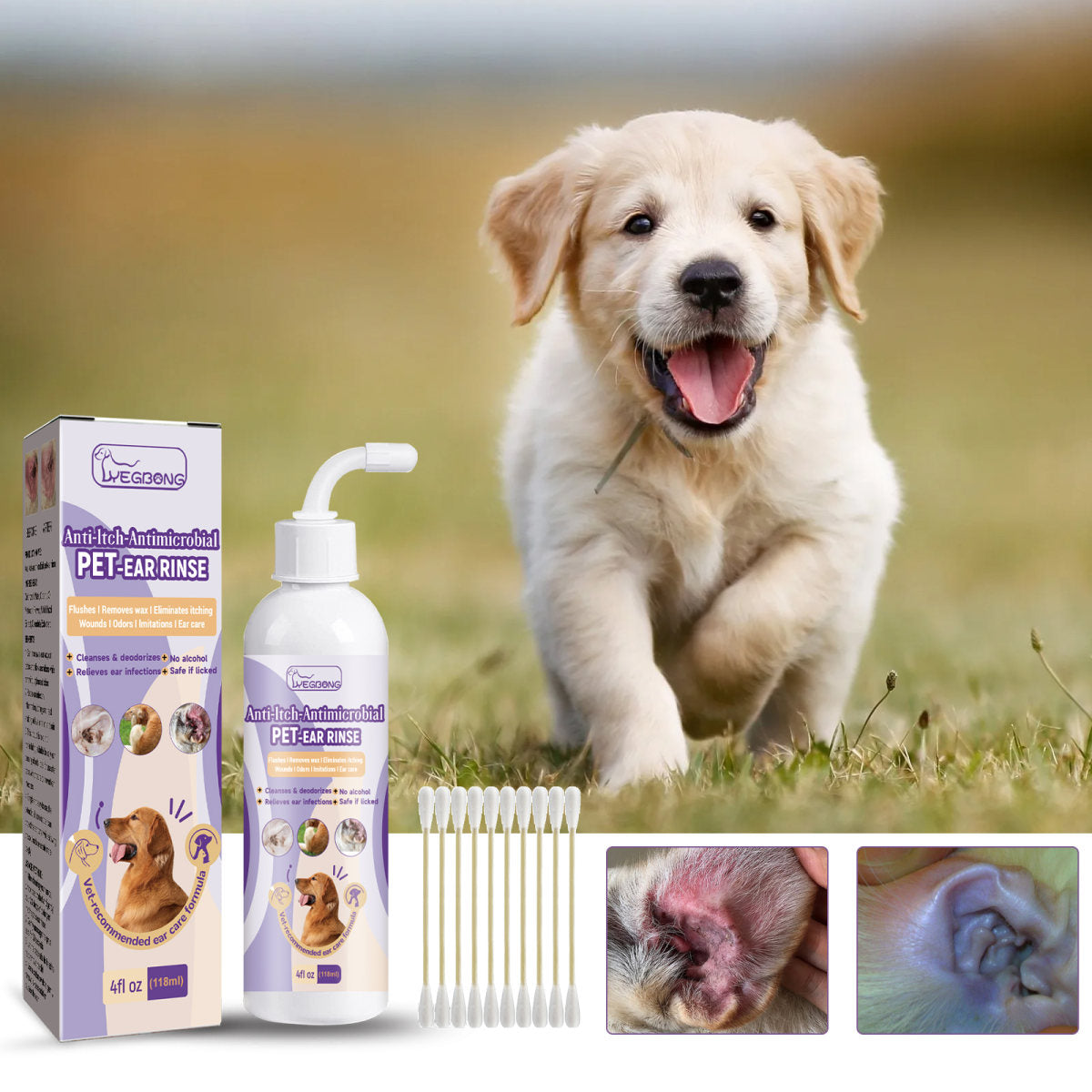 118ml Pet Ear Rinse Cleaner With Glycerin & Disodium EDTA, Anti-Itch Antimicrobial Ear Wash For Dogs Cats, Alcohol-Free Gentle Ear Cleanser With Cotton Swabs