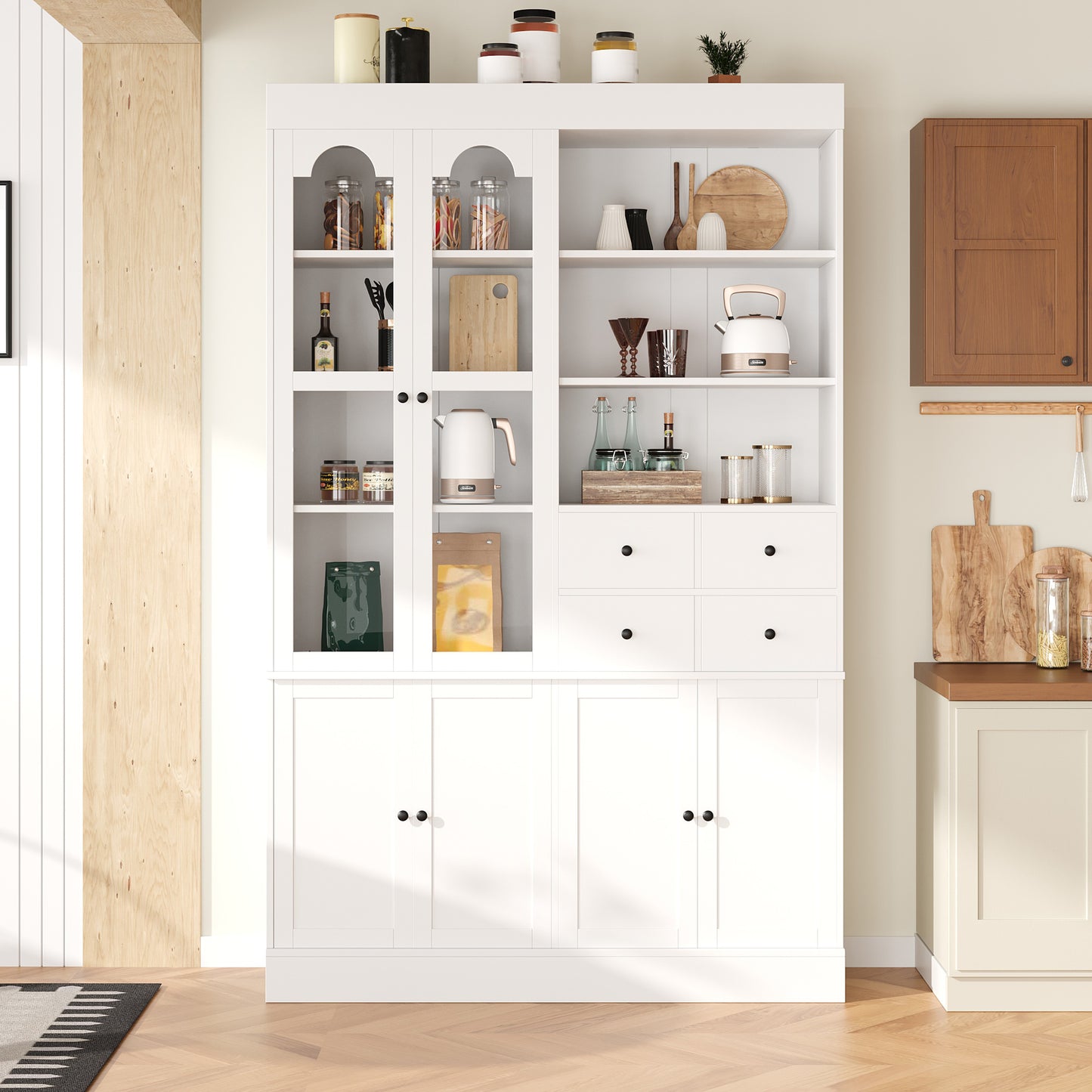 TOPMAx 47.2x15.7x75inch Freestanding Buffet With Hutch  Tall Kitchen Pantry Cabinet With 4 Drawers  Door Shelves And Pull- Out Trays For Dining Room  Living Room  White