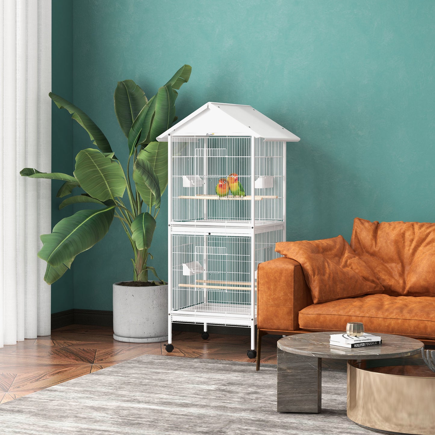 Wrought Metal Bird Cage Feeder with Rolling Stand Perches Food Containers Doors Wheels 67" H, White
