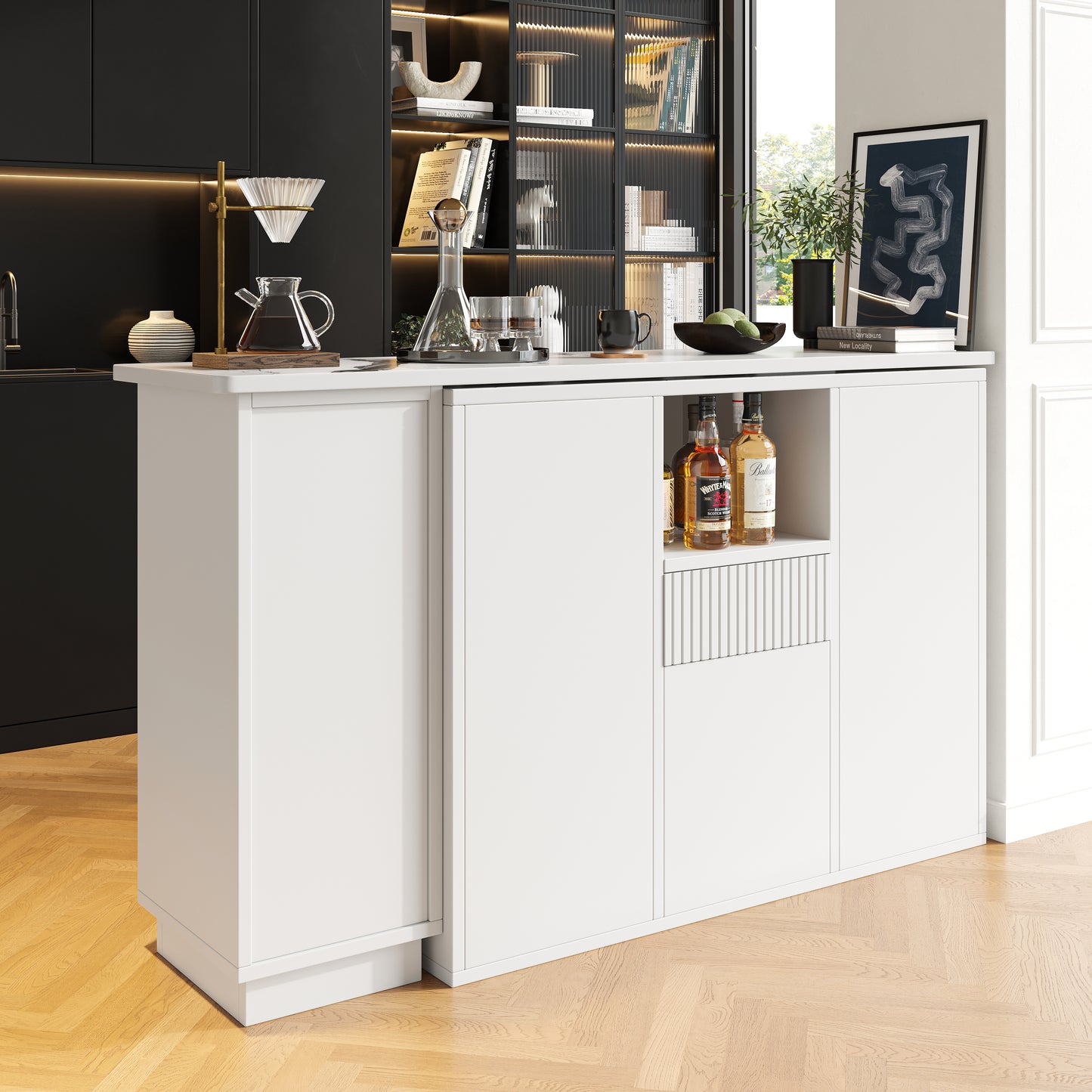 360 Swivelling Bar Table Main Body 198.5 X 30 X 75 Cm Modern And Sleek Design, With Open Storage Space And Marble Worktop, Suitable For Kitchen, Living Room And Dining Room, White