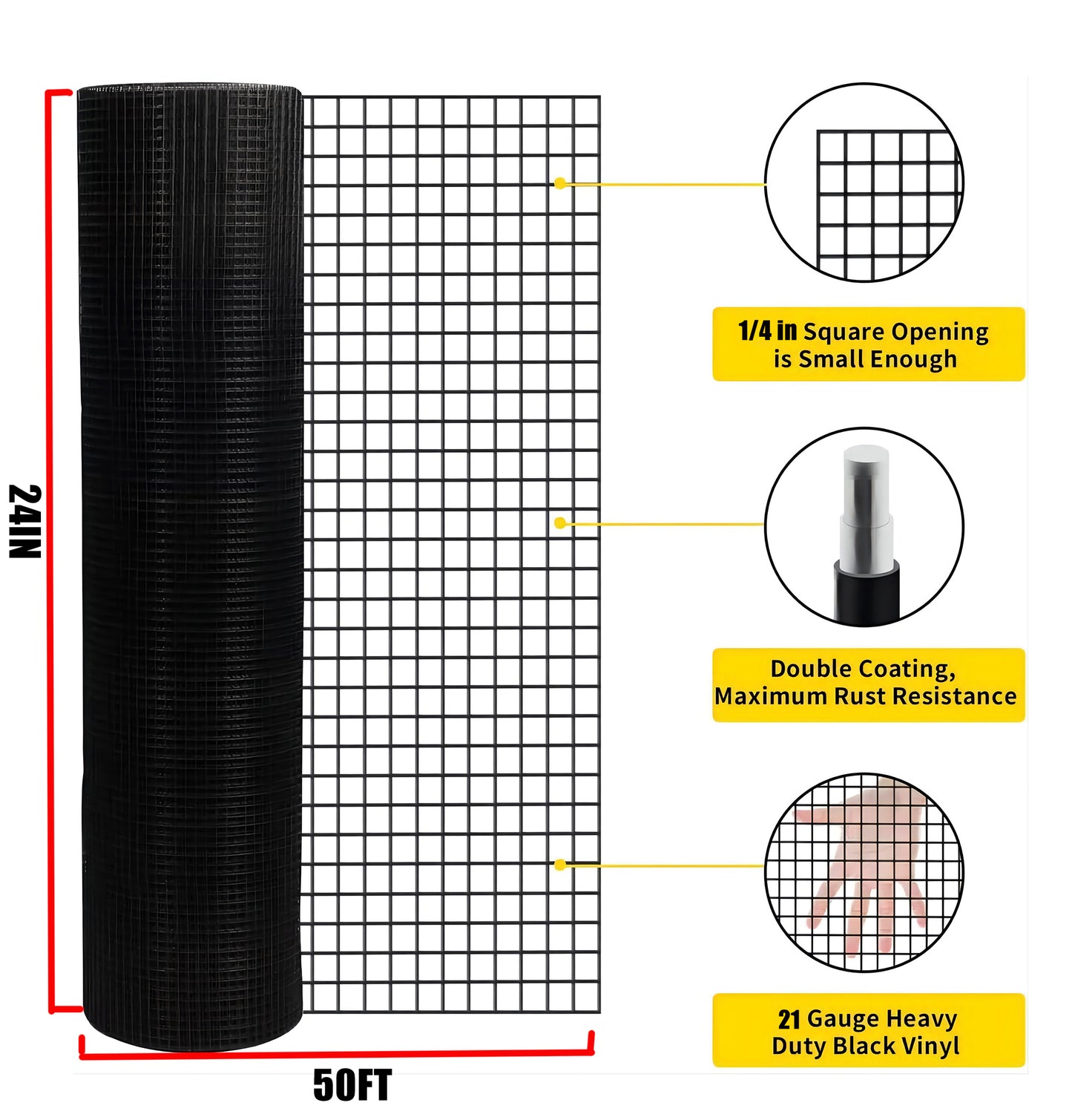 24 Inchx50 Ft Black Vinyl Coated Hardware Cloth, 21 Gauge 1 4 Inch Black PVC Hardware Cloth, Black Welded Wire Fence Supports Poultry-Netting Cage-Home Improvement And Chicken Coop