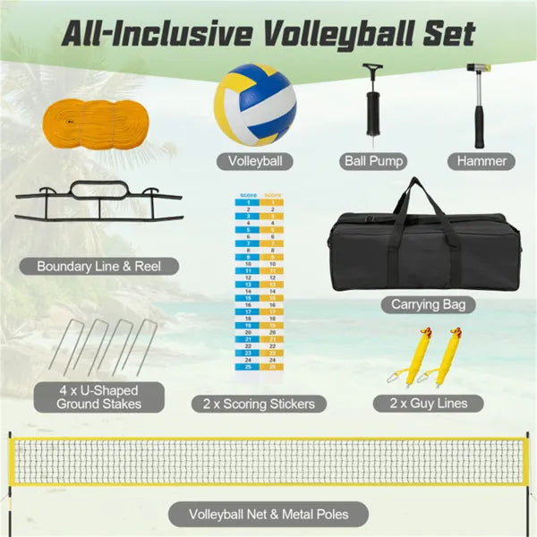 32'x3' Heavy-Duty Volleyball Net Set - 3-Level Adjustable Poles, Anti-Sag Winch, All-Inclusive Accessories-Yellow