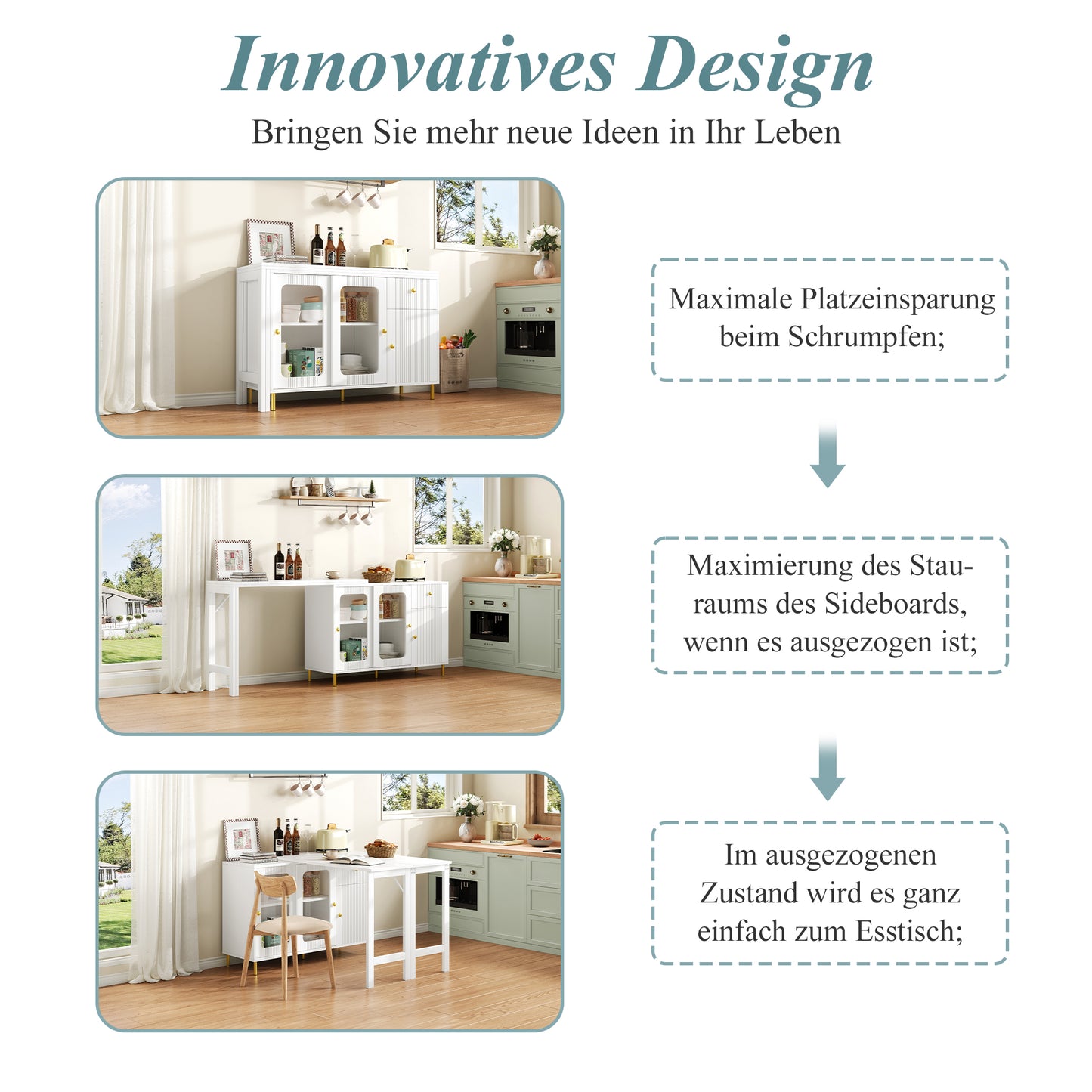 Modern White Buffet Sideboard With Folding & Extendable Table Top, Swivel Surface, Golden Metal Legs, Sliding Glass Doors & Wave Pattern - Perfect For Dining Room & Kitchen