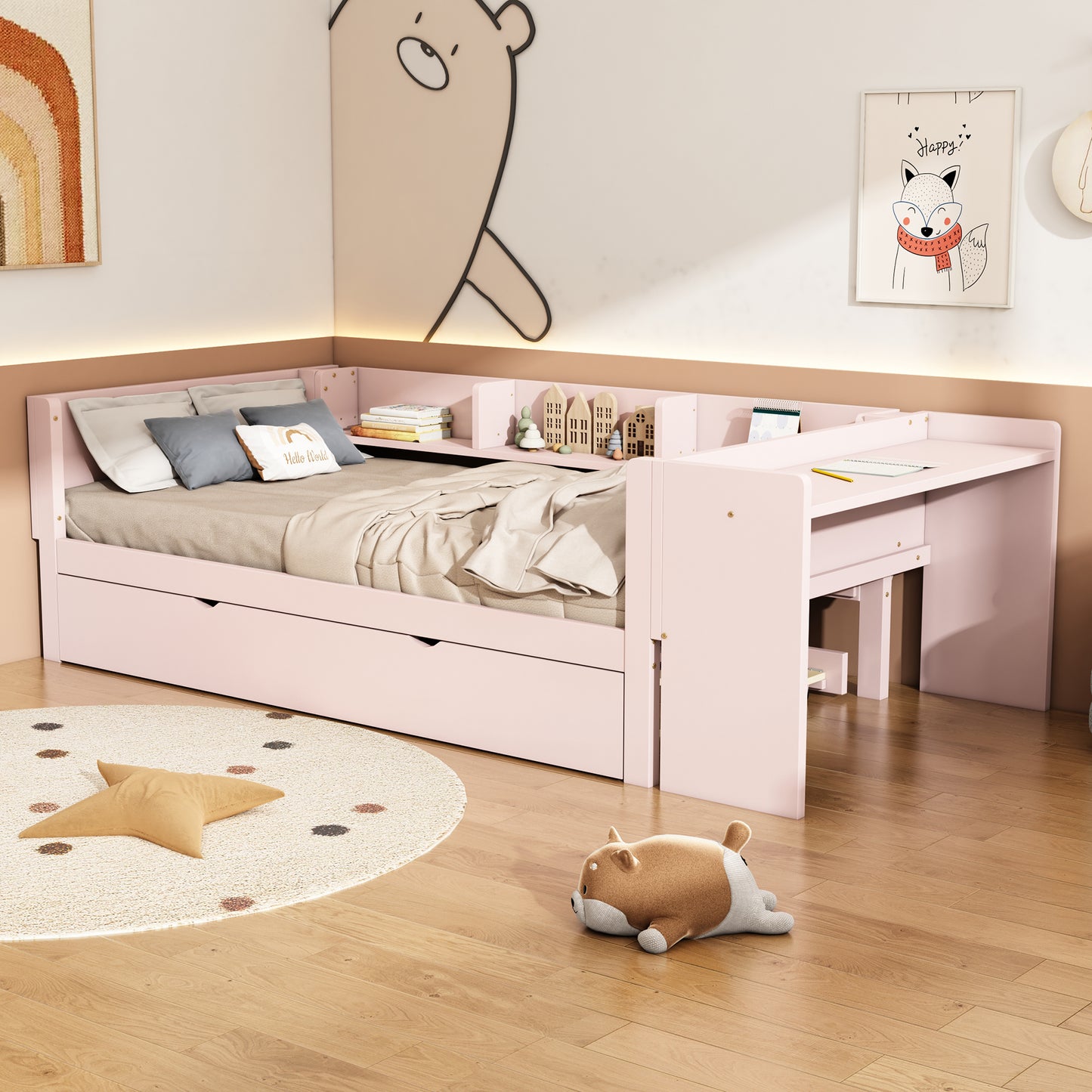 90x200cm, Flat Bed, With Pull-out Bed, With Desk, Three Shelves On The Side Of The Bed, P Ink