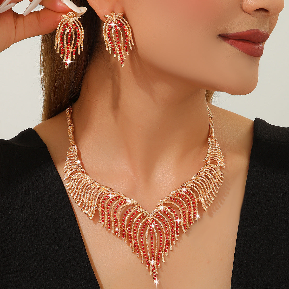 European And American Cross-Border Hot-Selling Gold Tassel Red Diamond Necklace And Earring Set, Fashionable And Bold Bridal Dress Accessories In Stock