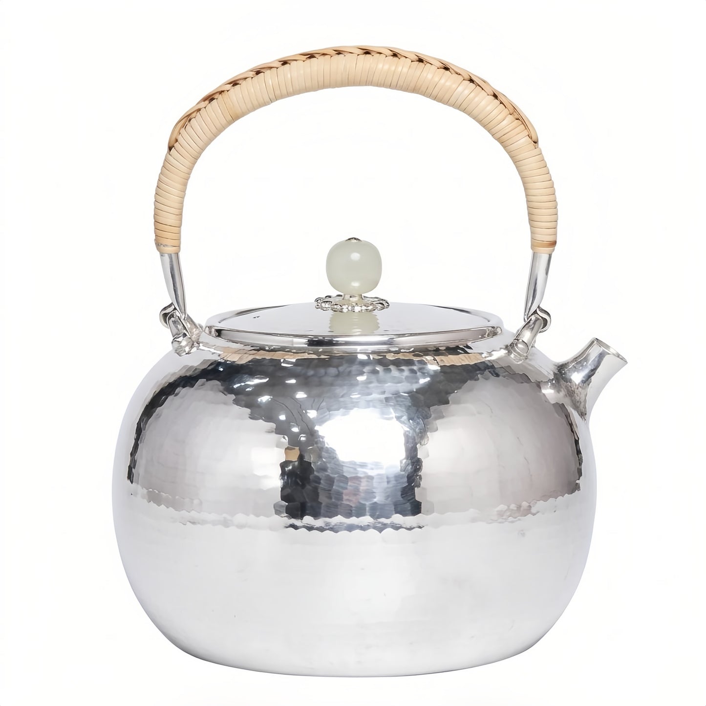 Pure 999 Fine Silver Elegant Hammered Silver Tea Kettle with Woven Rattan Handle and Jade Finial - Handicraft