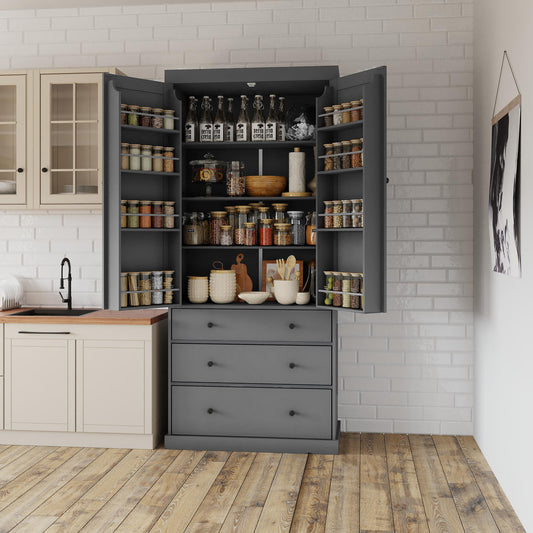 TOPMAx 77  Farmhouse Kitchen Pantry  Freestanding Tall Cupboard Storage Cabinet With 3 Adjustable Shelves  8 Door Shelves  3 Drawers For Kitchen  Dining Room  Gray  SP000047