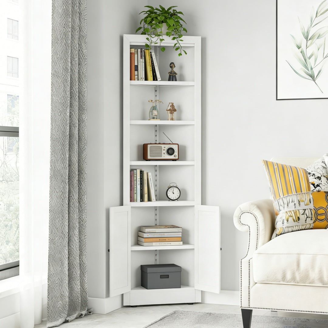 71in Tall Corner Storage Cabinet With 2 Doors, 5-Tier Metal Cabinet With Adjustable Shelves, Freestanding Kitchen Storage For Pantry, Living Room, Bathroom, Laundry Room, Space Saving Furniture, White