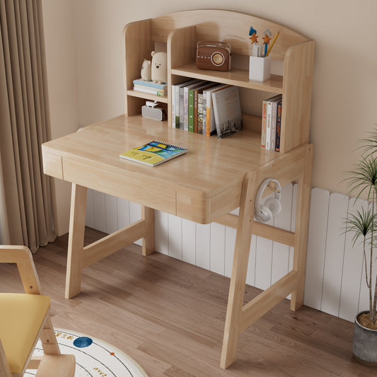 Children's Table, Height-adjustable Solid Wood Children's Desk, Natural Colours, With Drawer, Storage Space & Hooks, Safety Certified, For Children Aged 6 And Over