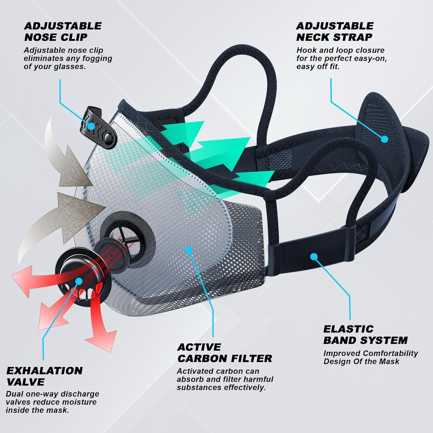 Sport Cycling Face Mask With Active Carbon Filter Breathing Valves Washable