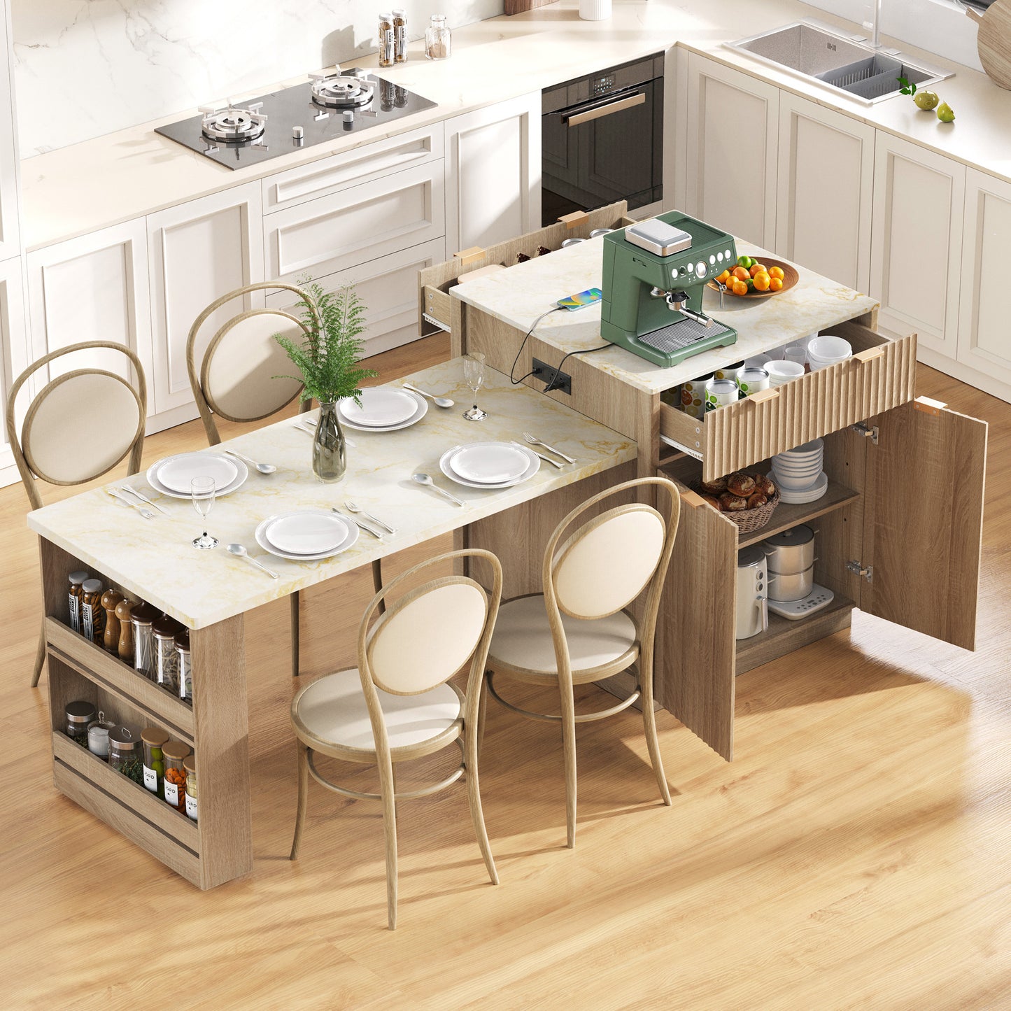 K&K 82.6  Fluted Kitchen Island With Extendable Dining Table For 4 6, Island Table For Kitchen With Power Outlet, Kitchen Table With Double Side Storage, 2 Drawers 2 Side Open Shelves, Natural