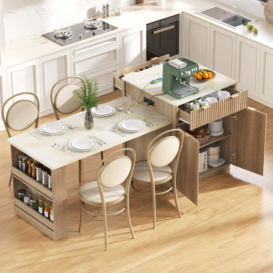 K&K 82.6  Fluted Kitchen Island With Extendable Dining Table For 4 6, Island Table For Kitchen With Power Outlet, Kitchen Table With Double Side Storage, 2 Drawers 2 Side Open Shelves, Natural