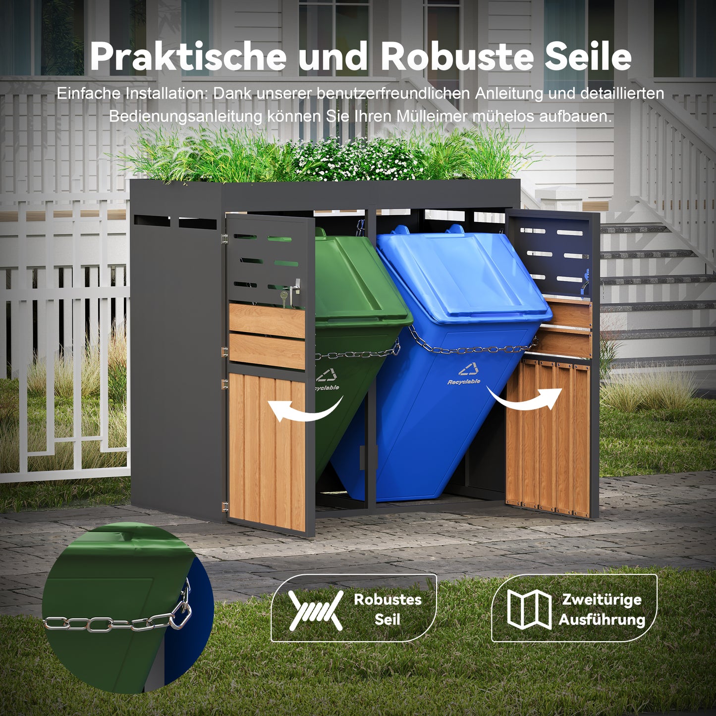 Multifunctional Outdoor Cabinet With Integrated Planter, Slat Ventilation, Two Separate Compartments, Galvanised Steel Frame And Safety Chain  For Storage And Garden Decoration  Without Waste Bins