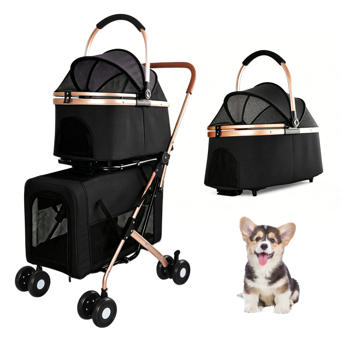 Double Pet Stroller for Dogs and Cats, Foldable Frame, 3-in-1 Convertible Carrier/Tote, Shockproof Wheels, Brake System, Fixed Safety Leashes for Small/Medium Pets in Multi-Pet Homes(Black)